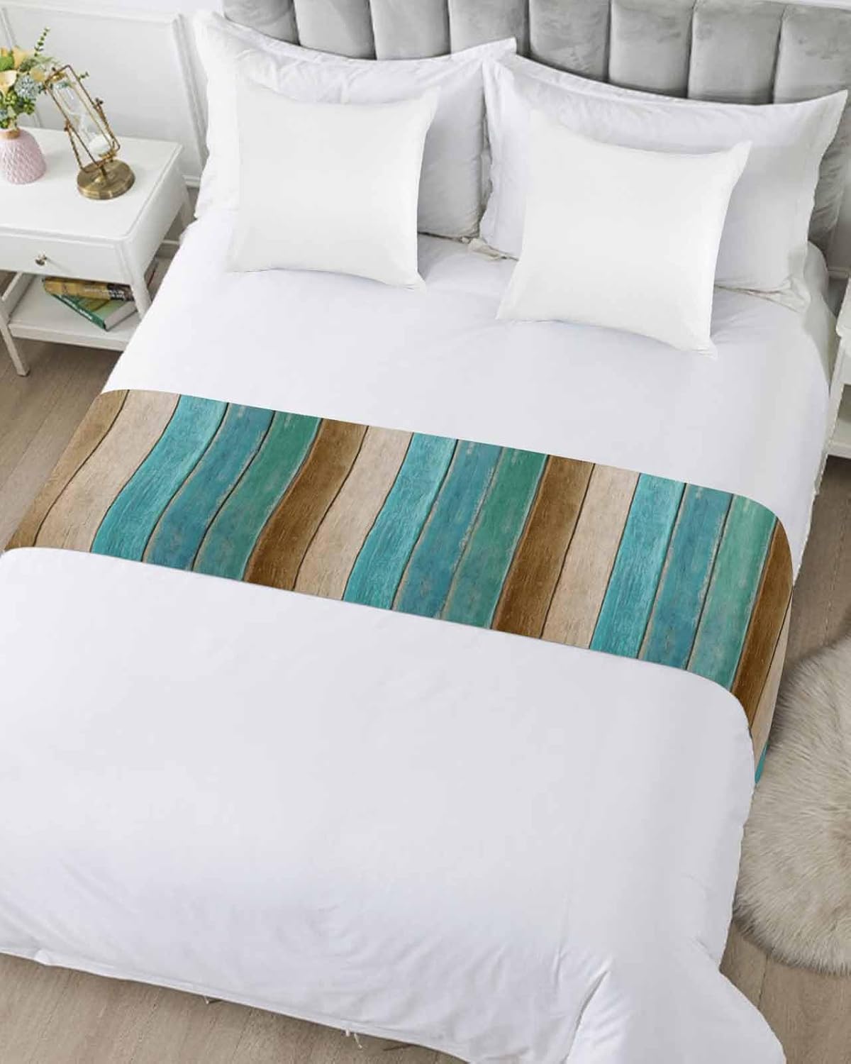Yukro Gradient Bed Runner Scarf, Turquoise Brown Wooden Board Gradient Farmhouse Country King Bed Scarf Runner, No Fading Decorative Bedding Scarf for Bedroom Hotels Homes and Guestrooms