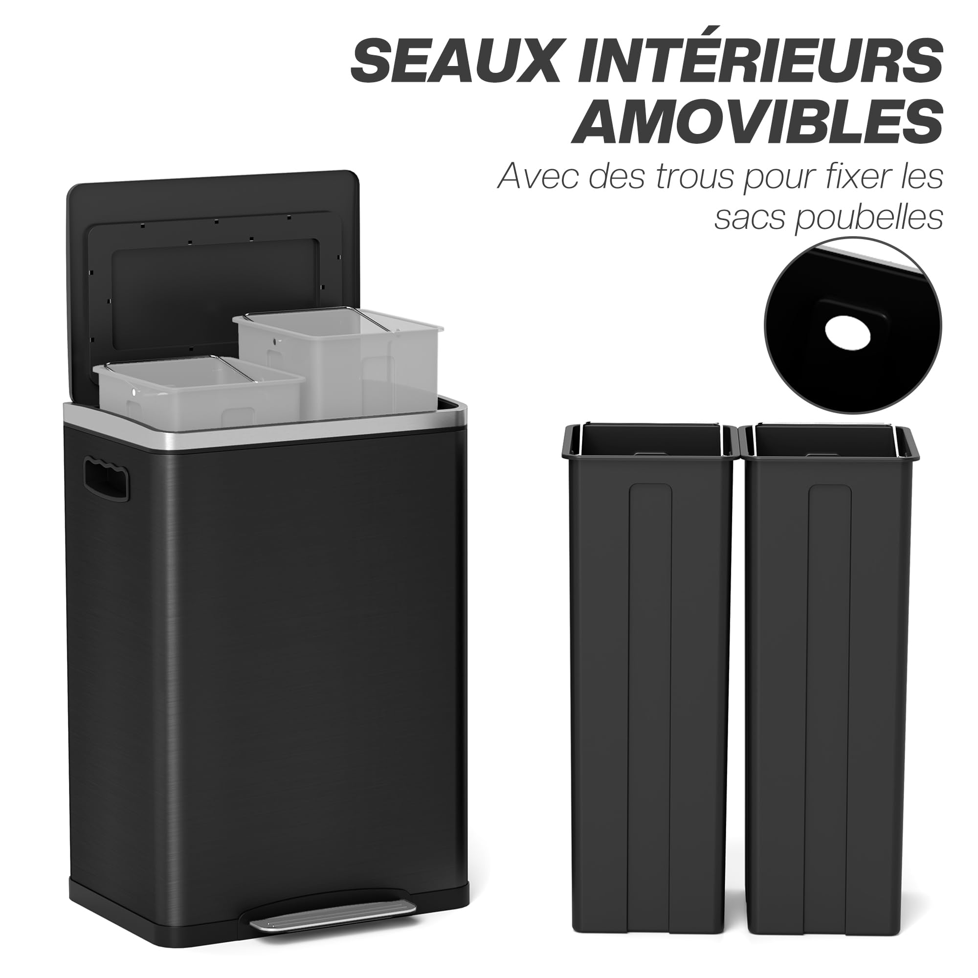 HOMCOM Poubelle de Cuisine à Pédale Double Compartiment 2 x 20L Noir | 2 Seaux Intérieurs Amovibles, Couvercle à Fermeture en Douceur et Poignées Intégrées, Anti-traces, Acier Inoxydable