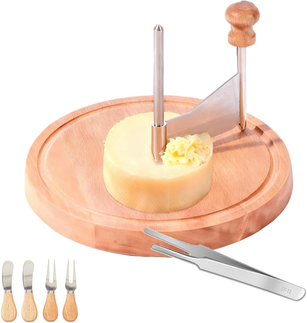 Wooden Cheese Curler Cutter, Stainless Steel Cheese Shaver for Cheese Wheel and Chocolate Block, Manual Cheese Slicer Tools Set with Tweezer for Home Kitchen Commercial Dessert Restaurant Cafe
