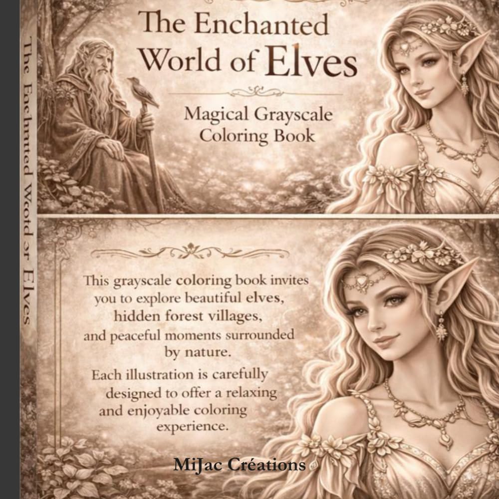 The Enchanted World of Elves - Grayscale Coloring Book: Fantasy portraits and magical scenes to color – elves, enchanted villages, and peaceful moments