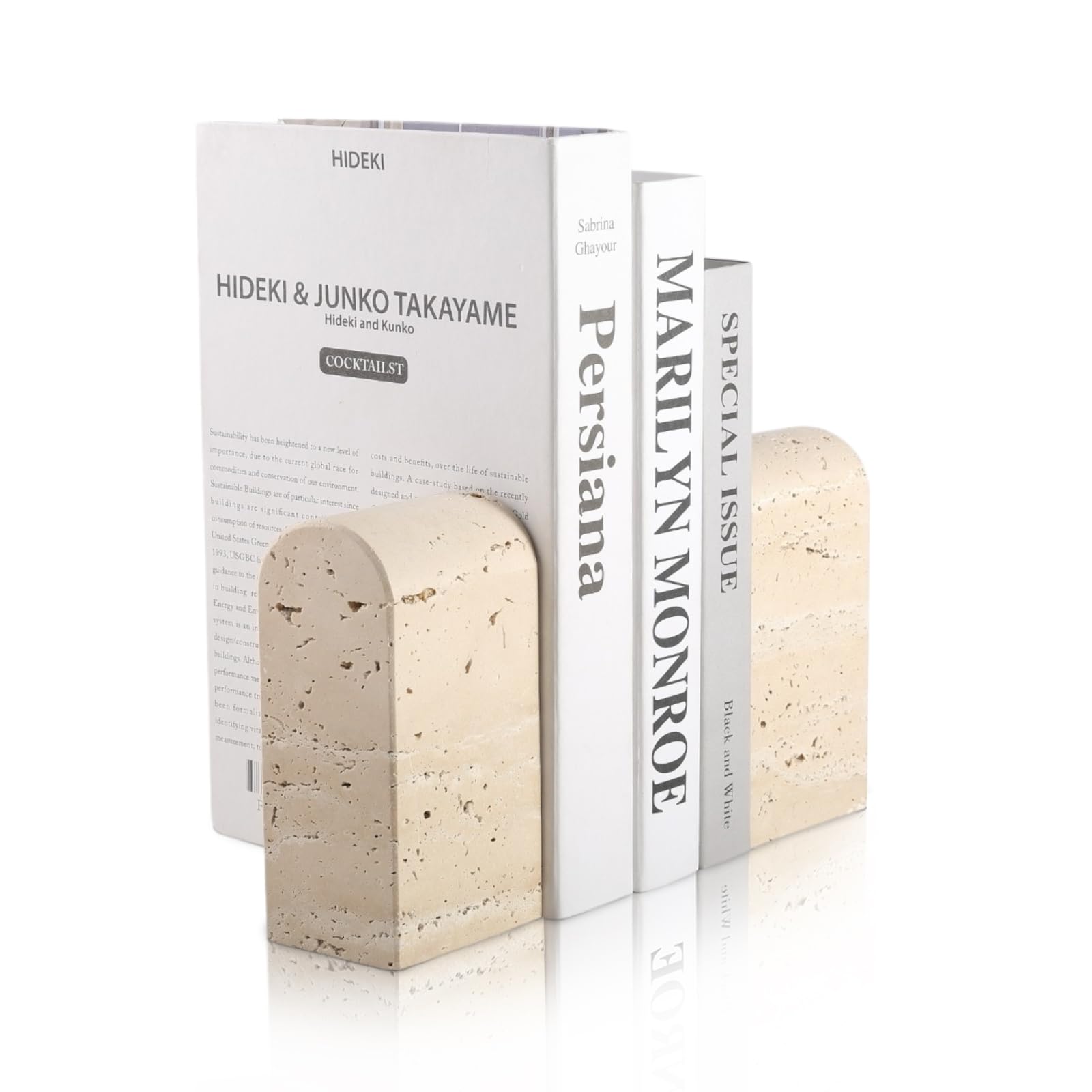 Koville Fermalibri in travertino italiano per scaffali, fermalibri decorativi, 3,2 kg, in marmo, per libreria, appartamento, decorazione per libri normali, CD/videogiochi (Travertino Romano)