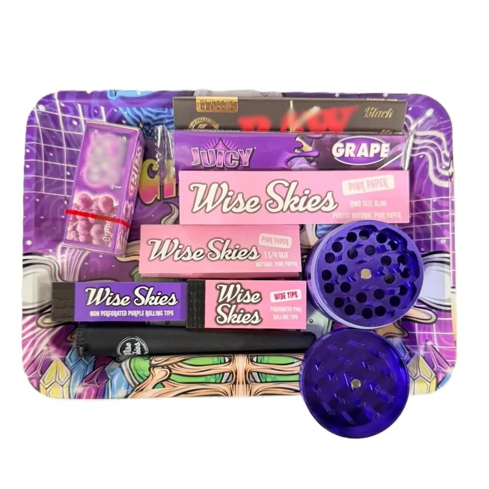 Wise Skies Purple Retro Skull Design Rolling Tray Gift Set Various Accessories Bundle Set 10Pcs