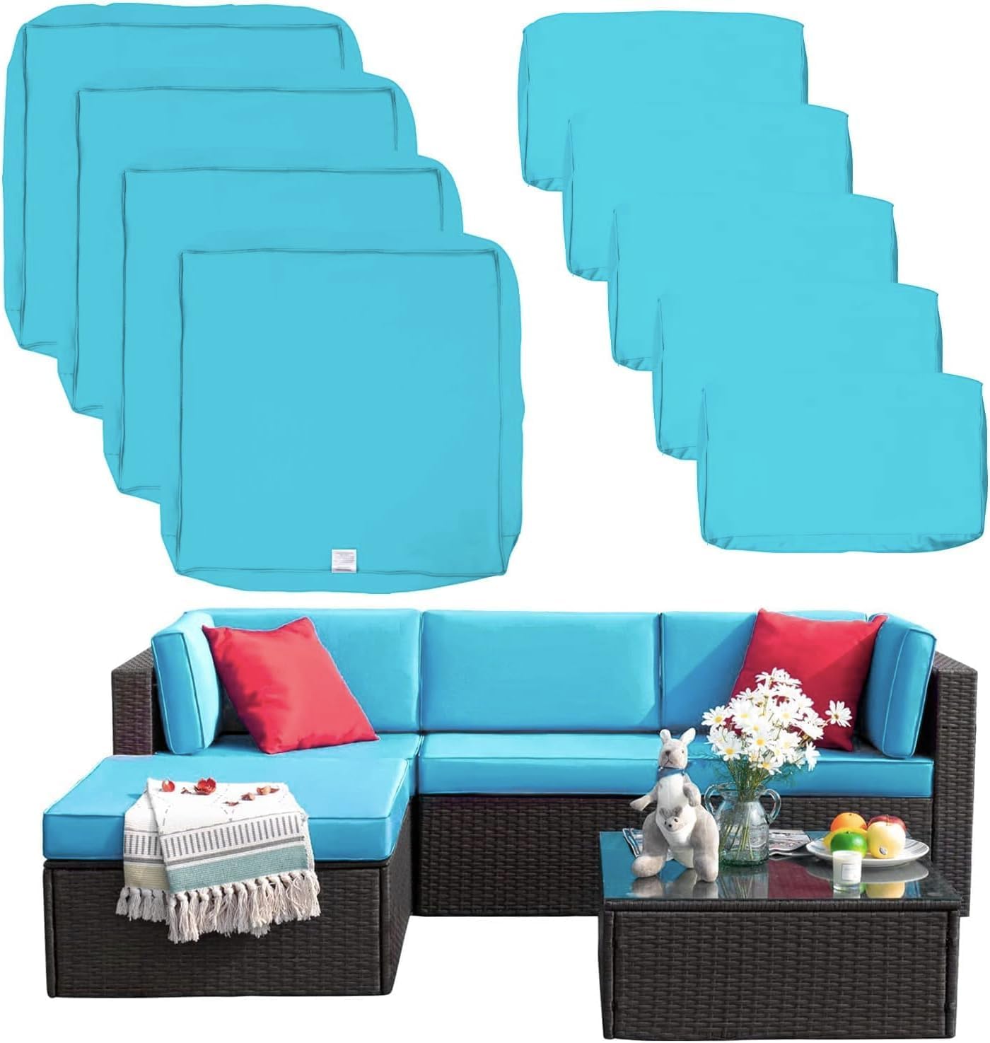 9 Pack Patio Cushion Covers Set Outdoor Furniture Cushion and Pillow Cover Replacement Fit for 5 Pieces 4-Seater Wicker Rattan Patio Sectional Sofa Chair Couch Set,Turquoise-Cover Only (Large) 9Pack (Large) Turquoise