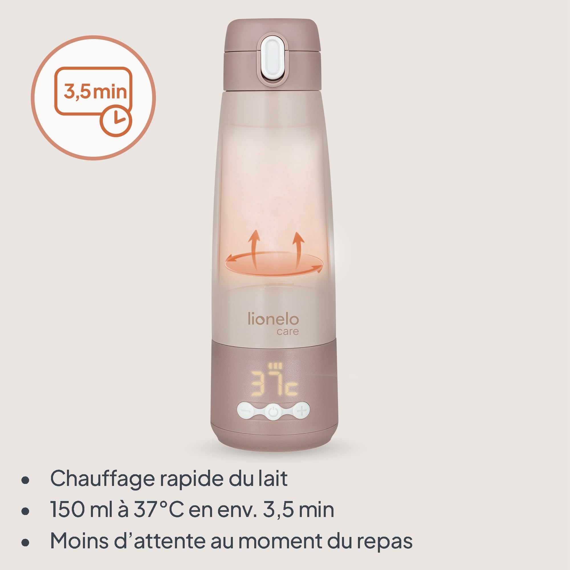 Lionelo Thermup Bottle Chauffe-Biberon Sans Fil 350 ml, Thermos Portable | 150 ml chauffés de 20 à 37°C en 3,5 min, 5 températures 37–55 °C, maintien au chaud jusqu’à 20 h, fermeture étanche, léger