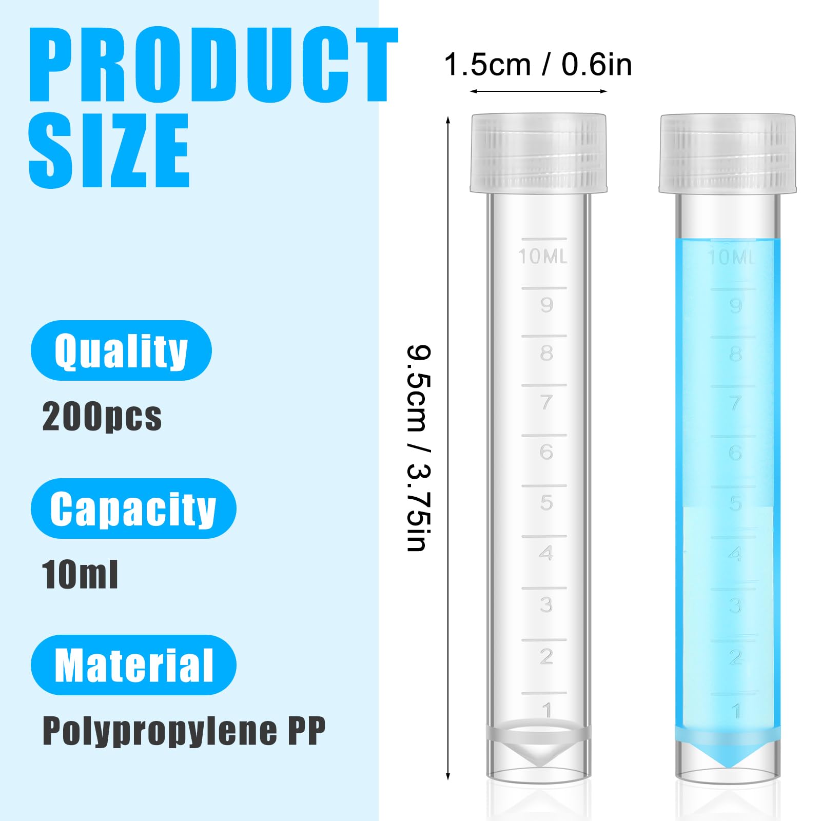 Kanayu 200 provette in plastica da 10 ml con coperchio, piccoli tubi di stoccaggio con tappo trasparente, con anello di tenuta in silicone, per esperimenti scientifici, campioni di acqua e liquidi