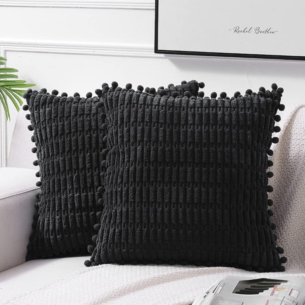 Fancy Homi2 Packs Black Decorative Throw Pillow Covers 18x18 Inch with Pom-poms for Couch Bed Living Room, Farmhouse Boho Home Decor, Soft Corduroy Cute Square Cushion Case 45x45 cm
