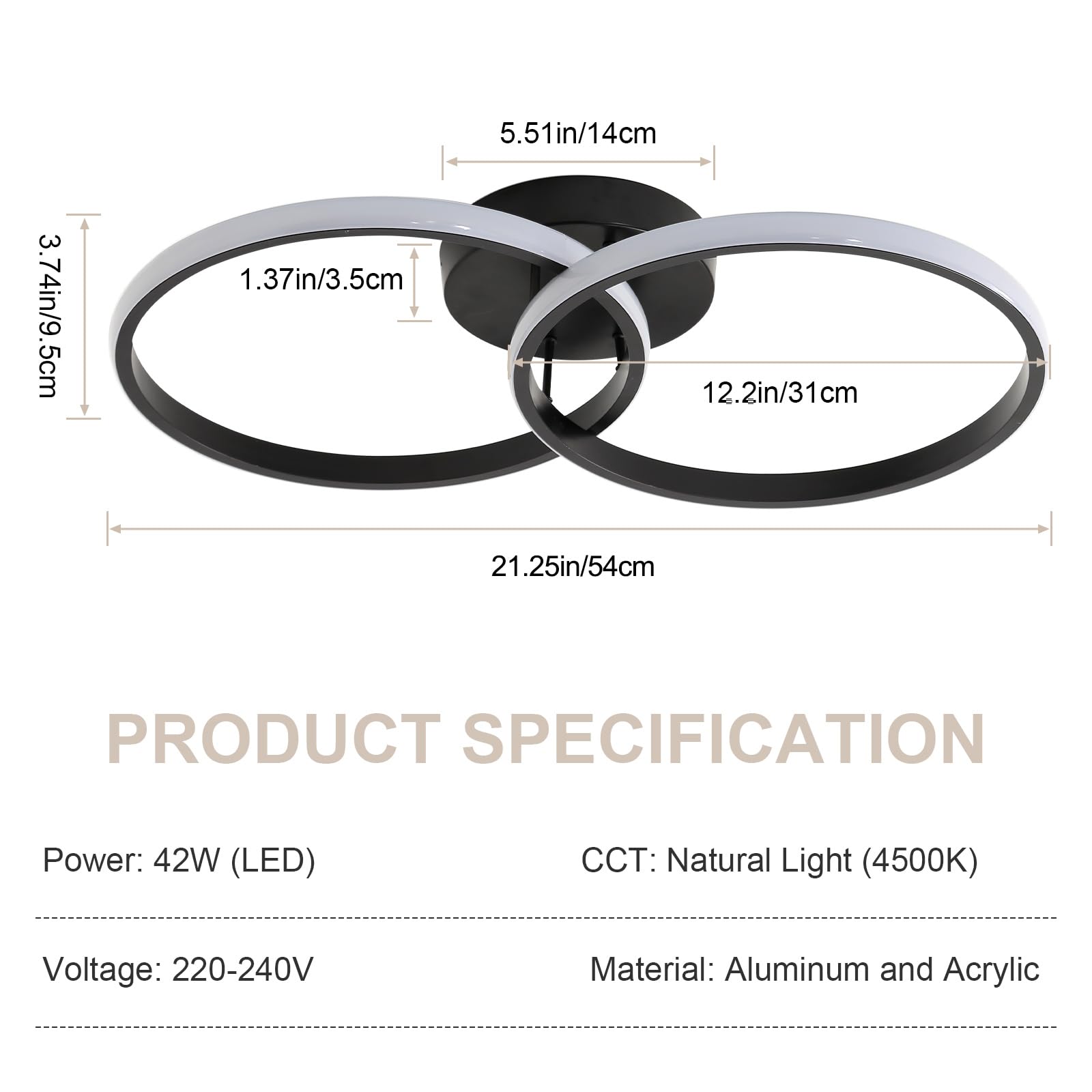 Toolight Plafoniera LED Soffitto, 42W 4725LM Lampadario LED Moderni Rotondo Acrilica, Plafoniera per Cucina Soggiorno Camera da Letto, Luce Bianco Naturale 4500K, Nero, 54CM