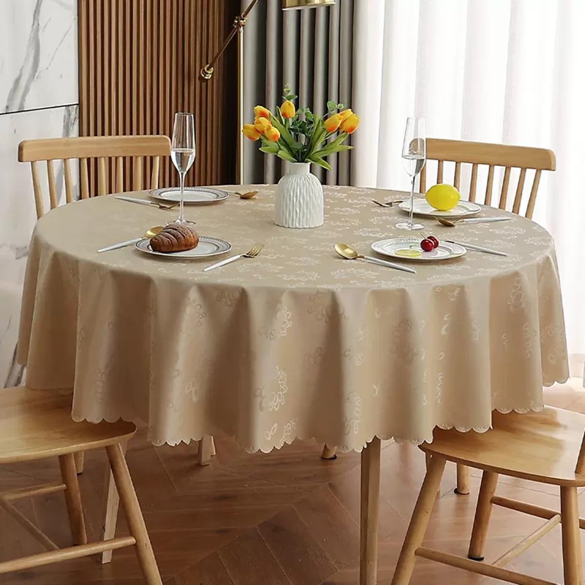 Nappe Ronde en PVC, épaissie imperméable et Anti-Taches, résistante aux Rayures, Champagne Or-carillons diamètre 200 cm
