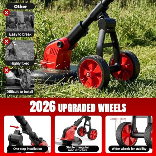 Image of 20000 RPM Electric Weed Wacker with Wheel,12″ Brushless Cordless Weed Eater Battery Powered,4-in-1 Brush Cutter /String Trimmer /Grass Edger /Tiller for Garden,Weed Trimmer,2 Battery (Red)