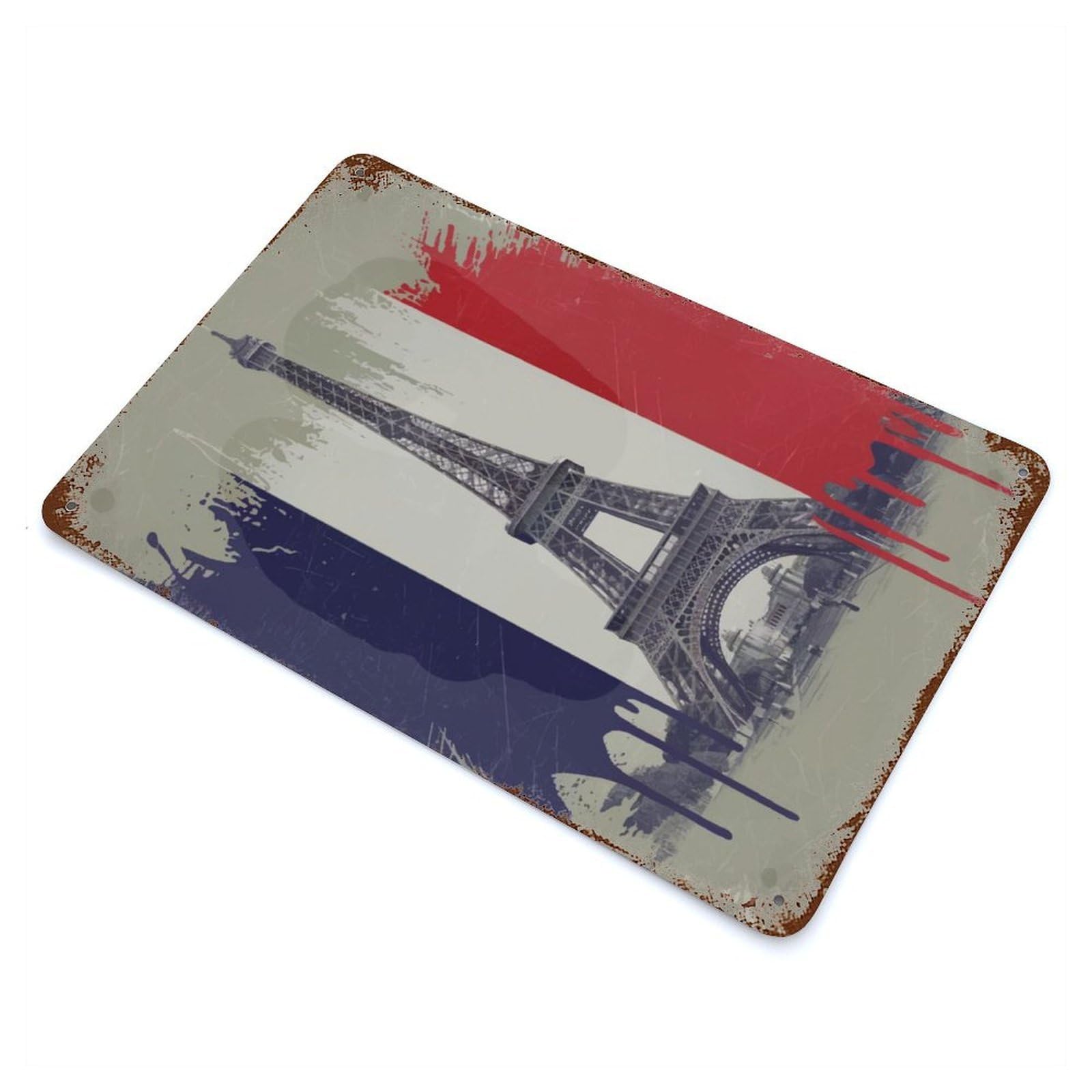 Garage Style Eiffel Tower with French Flag Rusty Metal Tin Sign 11.8"x7.9", Novelty Wall Decor for Bar And Workshop
