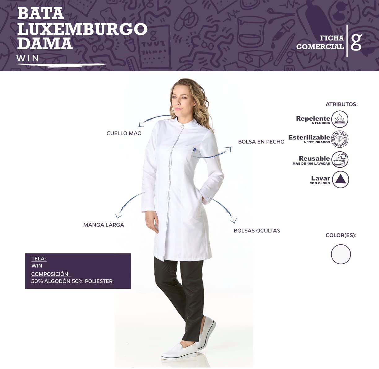 GALLANTDALE Bata Sanitaria Mujer Luxemburgo | Bata Médica Antifluidos Esterilizable con Cuello Mao
