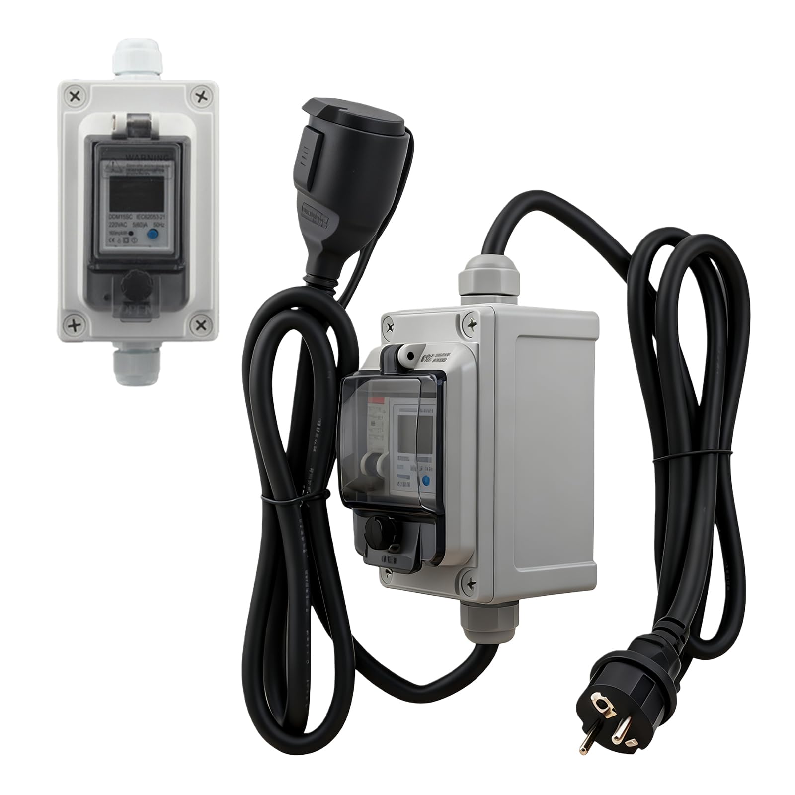 GAOUTO Medidor de electricidad digital portátil de 220 V, para exteriores, con interruptor de protección FI, contador intermedio de corriente con carcasa IP67, para autocaravanas, vehículos eléctricos