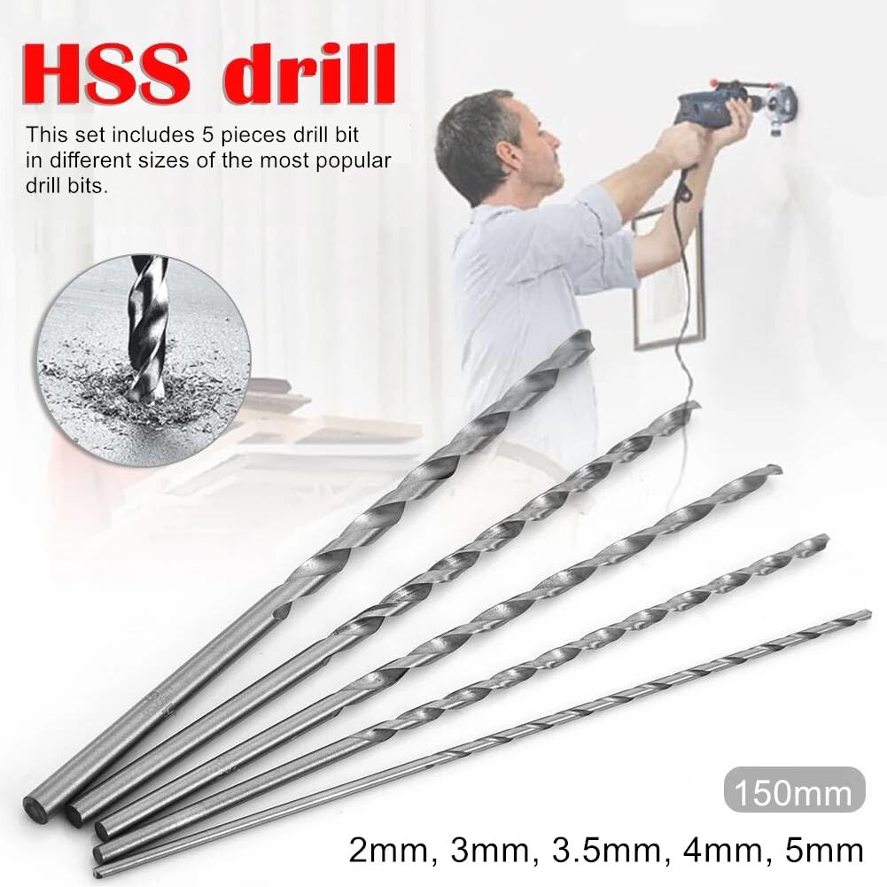 5 Pezzi Set di punte per legno, Punte Elicoidali Extra Lunghe 150mm, Set Punte Trapano con Gambo Dritto HSS Utensile Taglio per Legno, Plastica e Alluminio (Diametro 2/3/3,5/4/5mm)