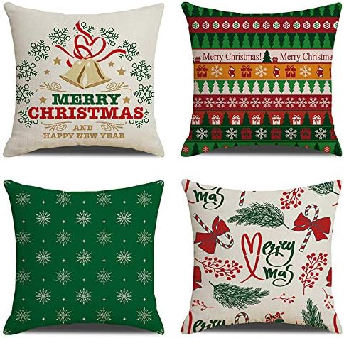 HOSTECCO Christmas Cushion Covers Pack of 4 Winter Holiday Xmas Pillow Covers Teal Green Decorative Pillow Cases for Sofa Couch 45x45 cm