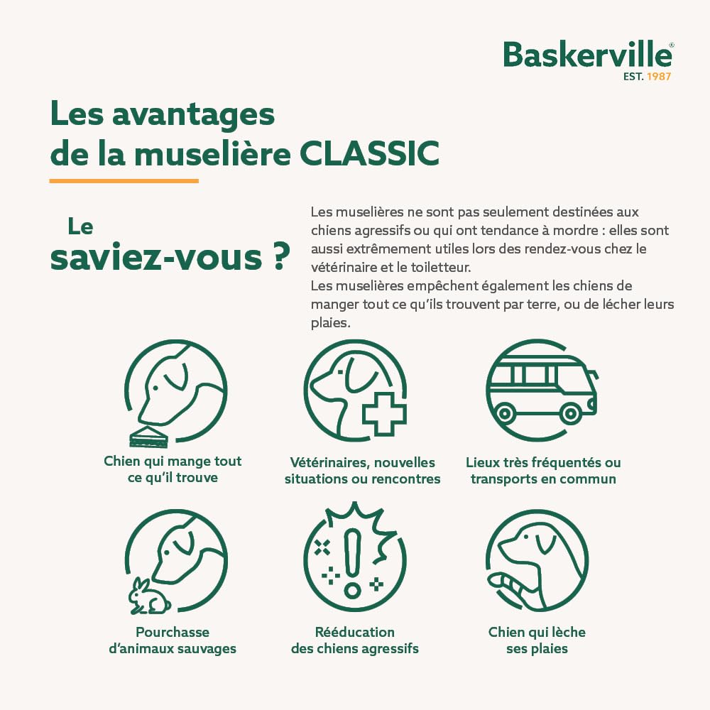 MUSELIÈRE PANIER BASKERVILLE CLASSIC - Laisse le chien boire/haleter, l’empêche de mordre/faire les poubelles, idéal pour les chiens à long museau, respirante, pour les grands chiens (Taille 10)