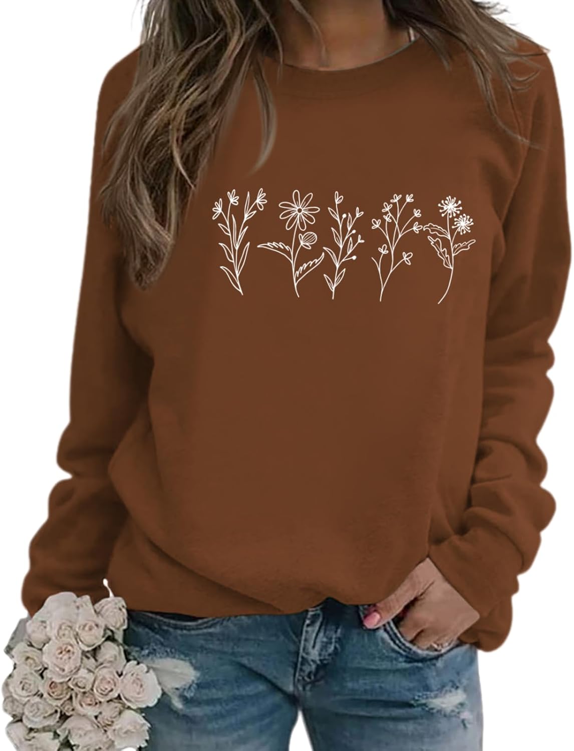 Flower Graphic Sweatshirt Women Vintage Floral Printed Long Sleeves Shirt Crewneck Hoodie Loose Fall Pullovers Tops