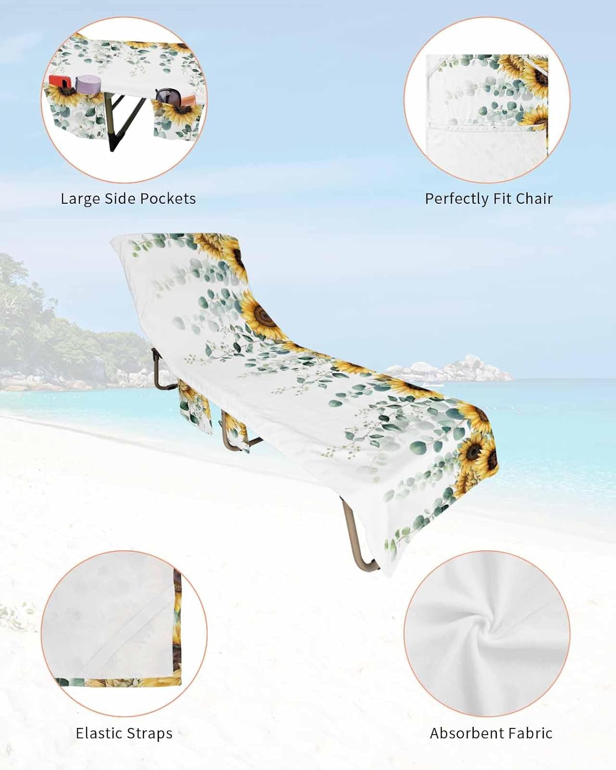 Green Eucalyptus Leaves Beach Pool Patio Lounge Chaise Chair Cover Towel With Pockets,Absorbent & Quick Dry Microfiber Towel Cover Bag Summer Accessories for Sunbathing Yellow Farmhouse Sunflower