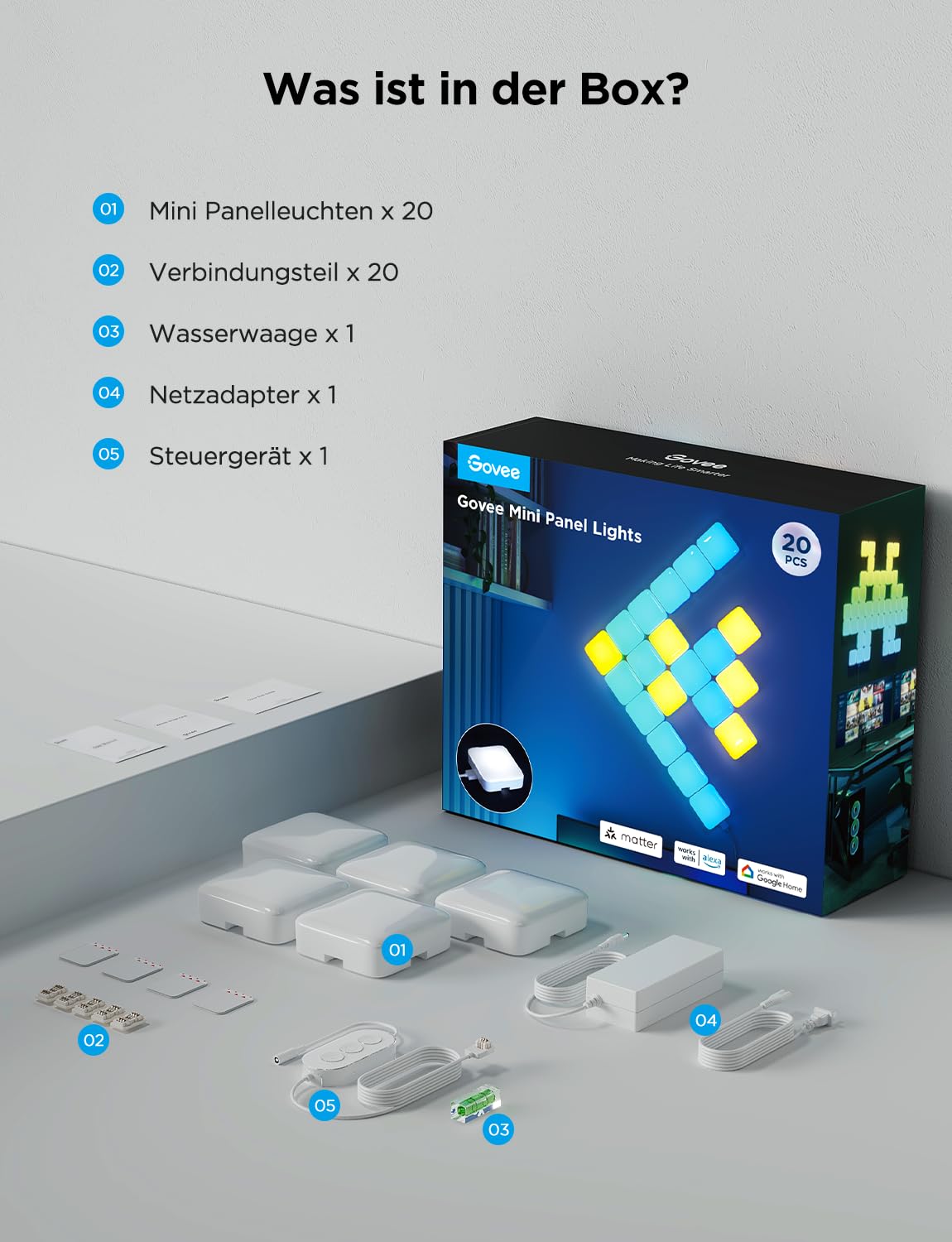 Govee Mini Panel Lights, RGBIC Wandpaneele, Musikmodi, DIY-Modus 20er-Pack | funktioniert mit Matter, Alexa, Google Assistant, 50 Szenenmodi LED-Wandpaneele für Spielzimmer, Schlafzimmer, Wohnzimmer