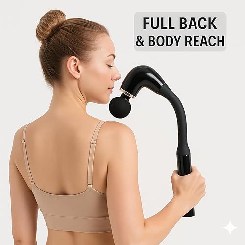 Miniatura 4 de Pistola de masaje de tejido profundo con mango extendido, percusión de 0.472 in, velocidad ajustable y 4 cabezales intercambiables para cuello,