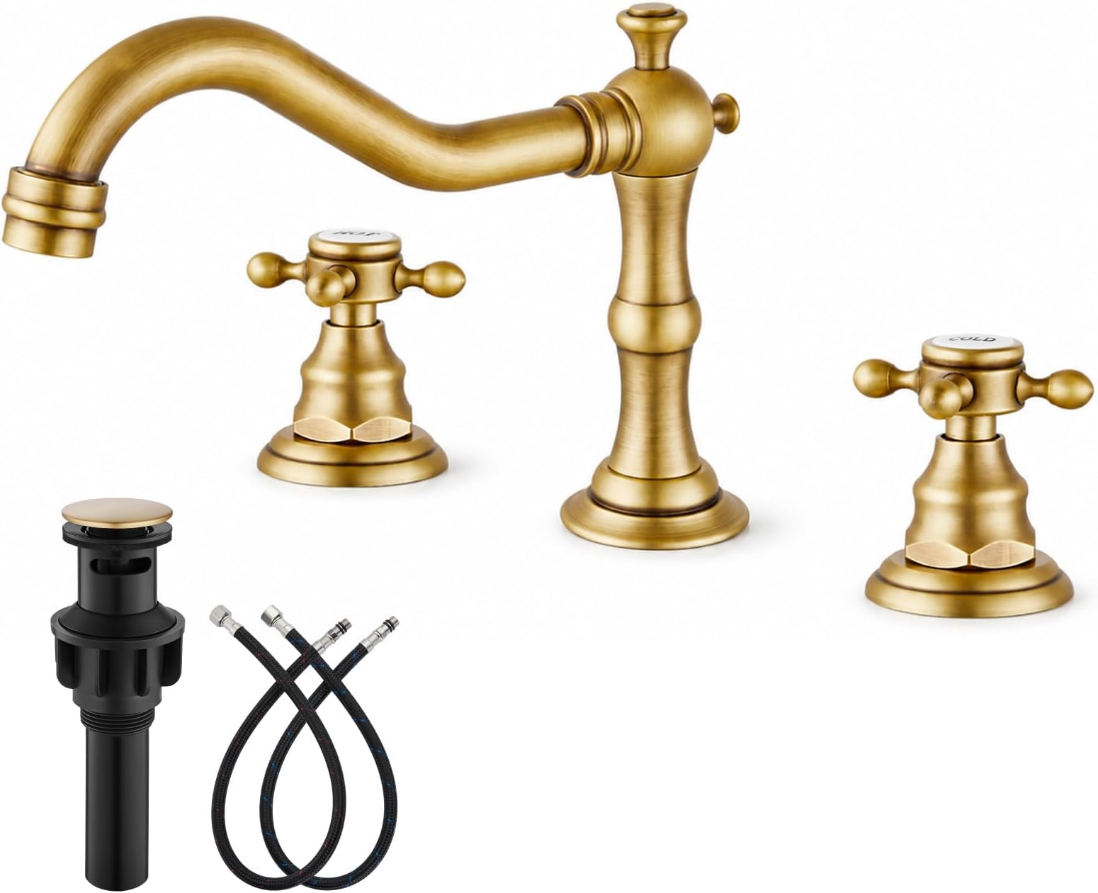 gotonovo Bathroom Faucet 3 Hole 8 Inch Widespread Bathroom Sink Faucet 2 Cross Handles Vintage Lavatory Vanity Mixer Tap with Pop Up Drain, HOT Cold Label, Antique Brass