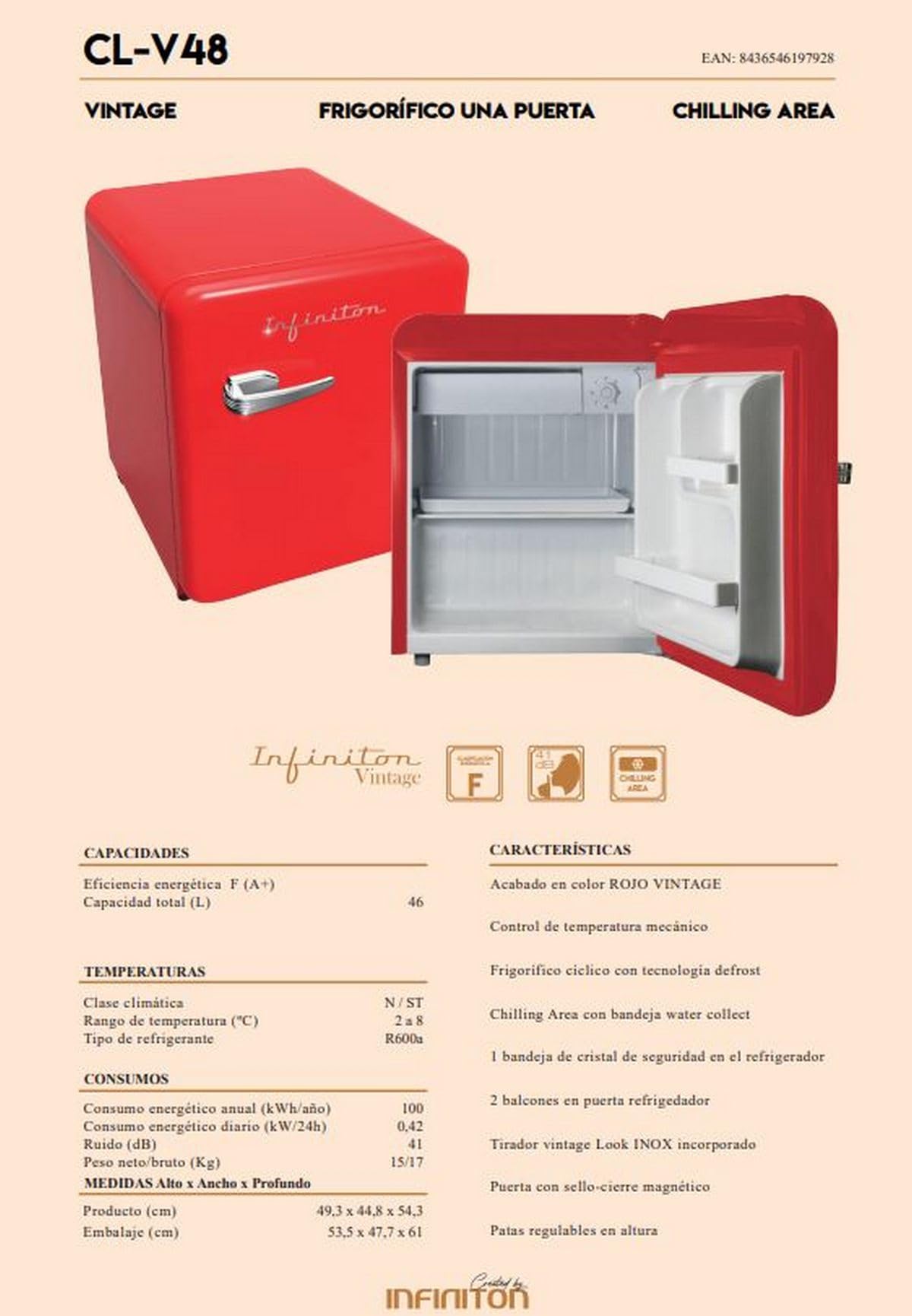 INFINITON CL-V48 - Frigorífico Vintage, Rojo, 46L, 1 puerta, Chilling Area, Tirador vintage Look Inox, Silencio 41dB