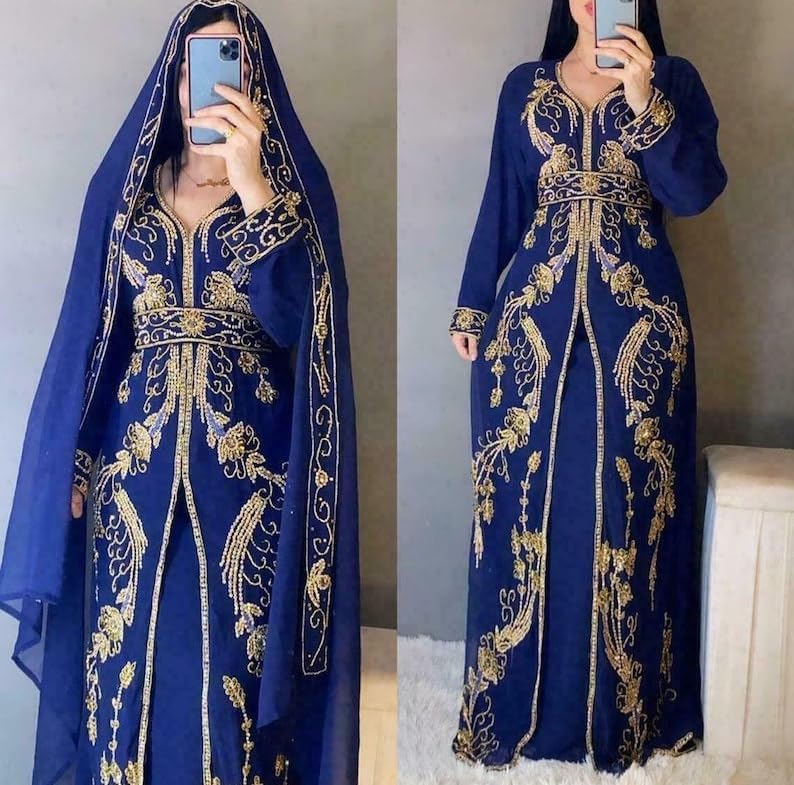 Abaya Dress for Women Muslim Dubai Sadui Moroccan Kaftan Fancy Abaya Cocktail Dress Women Kaftan Long Wedding Party Dress X-Large Blue image 2 of 3 B0C94VNYBJ