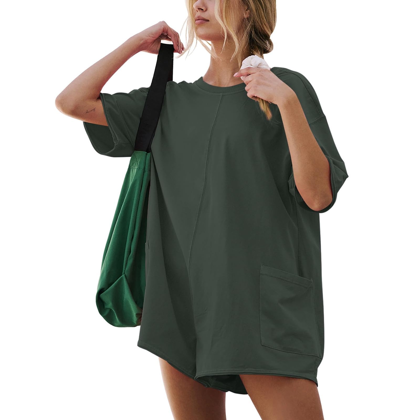 Salopette Da Lavoro Donna，Pantaloni Curvy Donna Estivi Vita Alta，Stile Boyfriend Oversize Ampio Comodo Elasticizzato Con Ampie Tasche Pantaloncini A Maniche Corte Tute