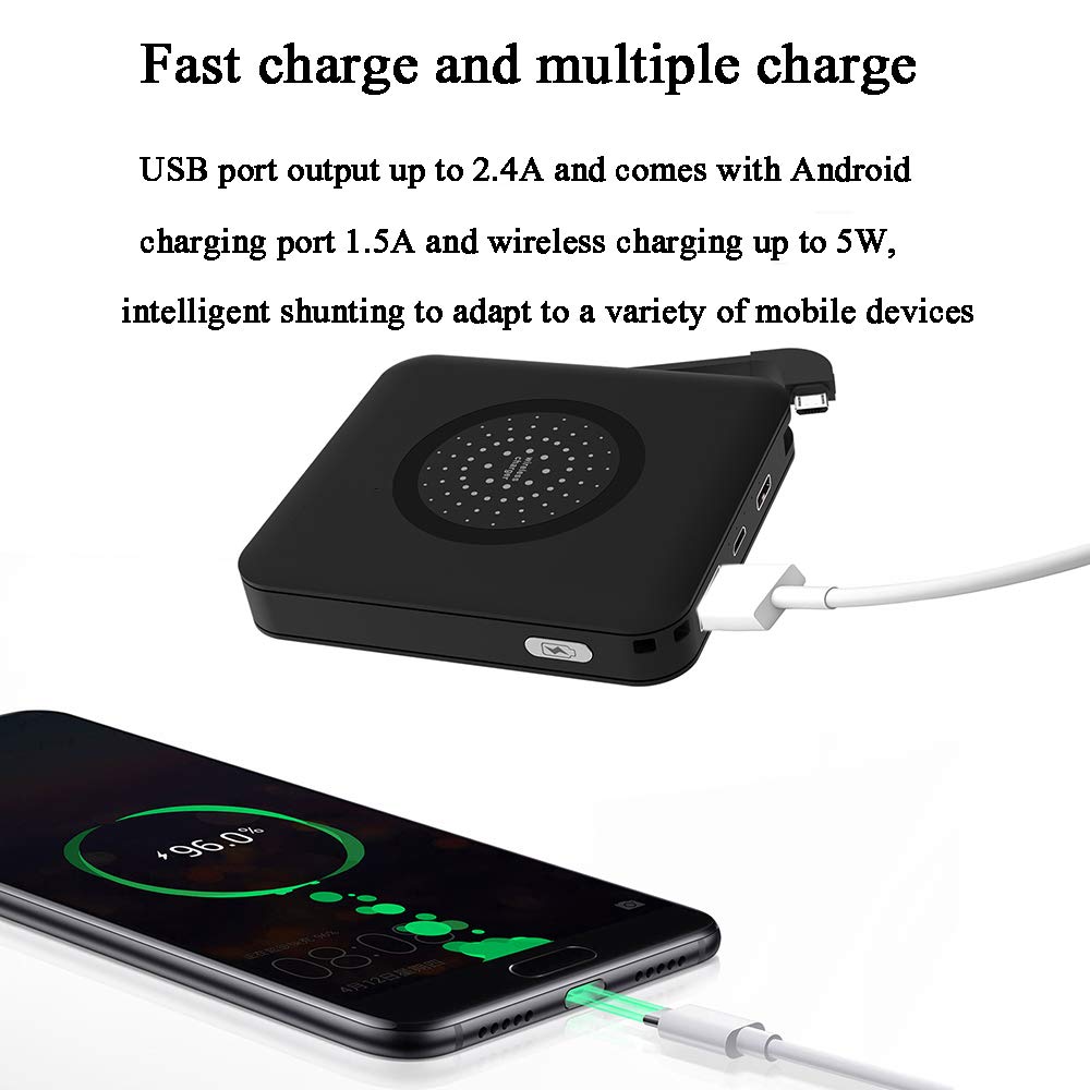 Cargador Móvil Portátil Batería Externa 7200mAh Cargador Inalámbrico Rápido Power Bank con 3 Puertos y Entrada Doble Portátil Wireless Charger Compatible con Carga inalámbrica Qi