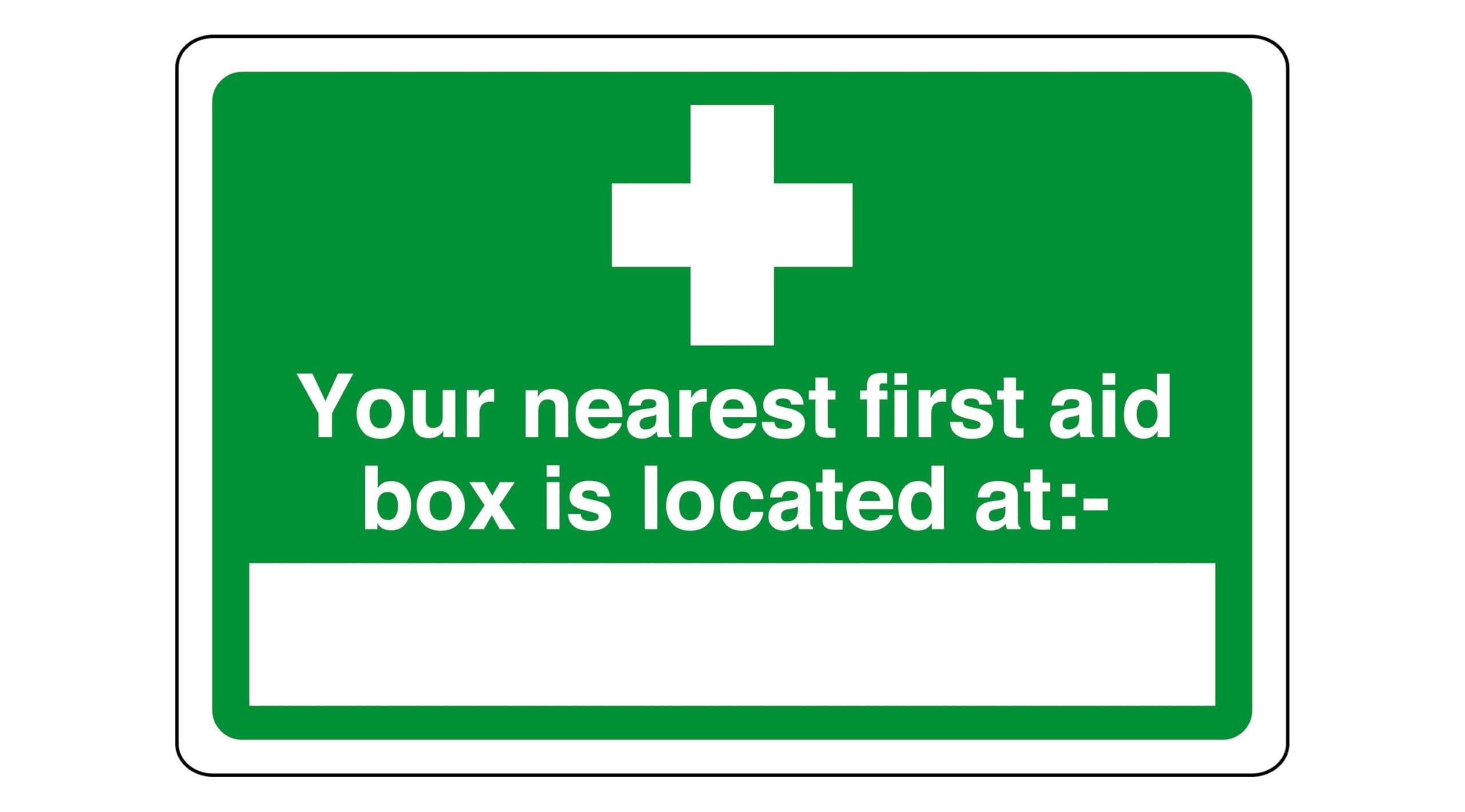 Safety First Display Ltd Green/White Your Nearest First Aid Box Is Located At - Safety Sign - High Tack Self-Adhesive Sticker (300Mm X 200Mm) Viewing Distance Within 7M.