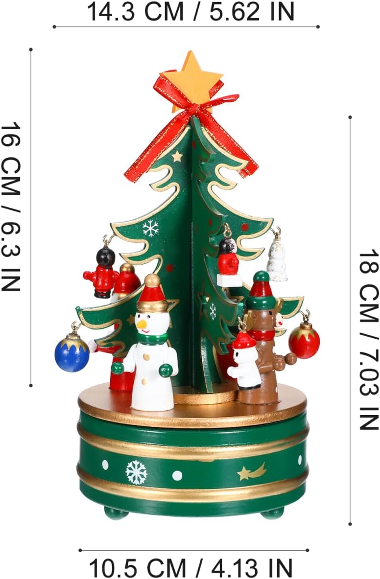 Cabilock Christmas Wooden Rotating Music Box, Mini Christmas Tree Wind-up Musical Box, Tabletop Decoration Ideal