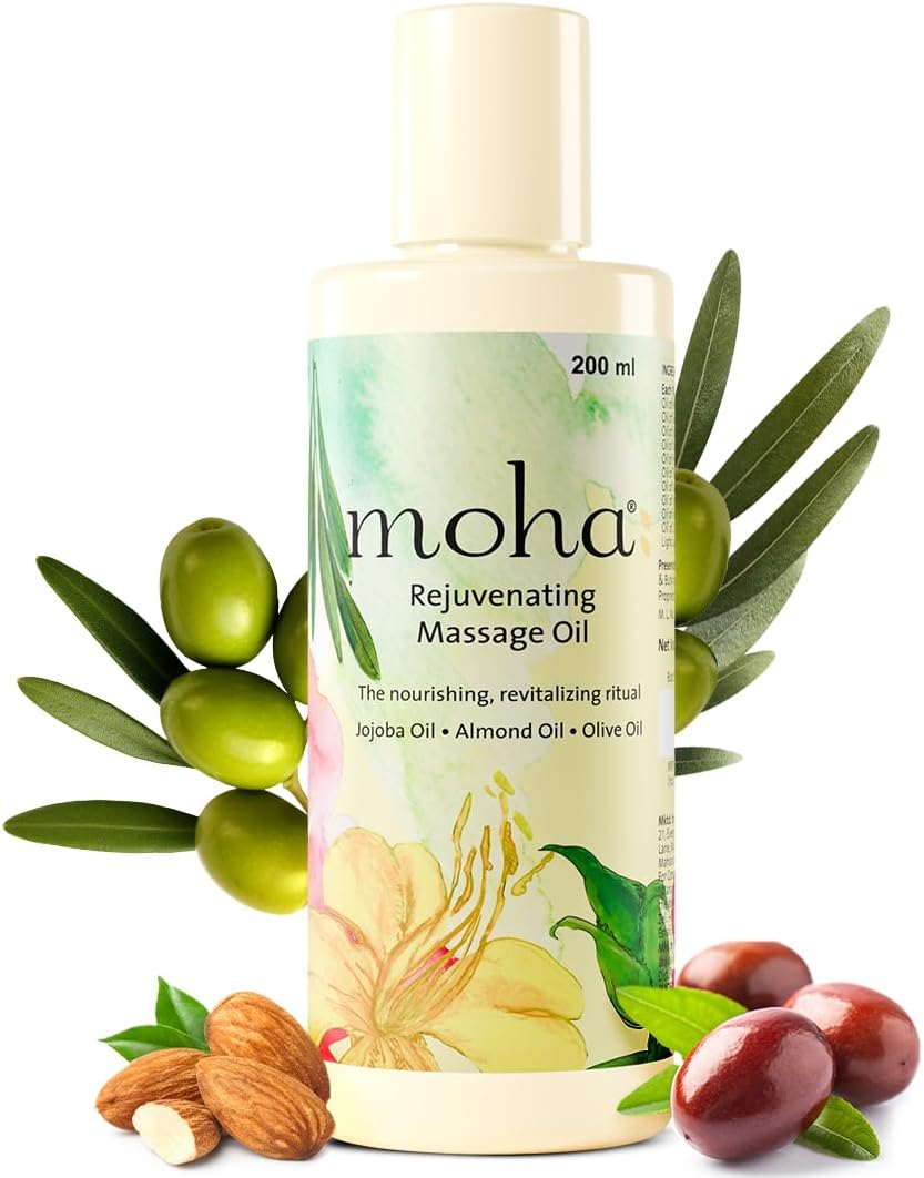 moha: Rejuvenating Massage Oil โ De-stresses and tones the skin with Jojoba Oil, Almond Oil and Olive Oil, 200ml