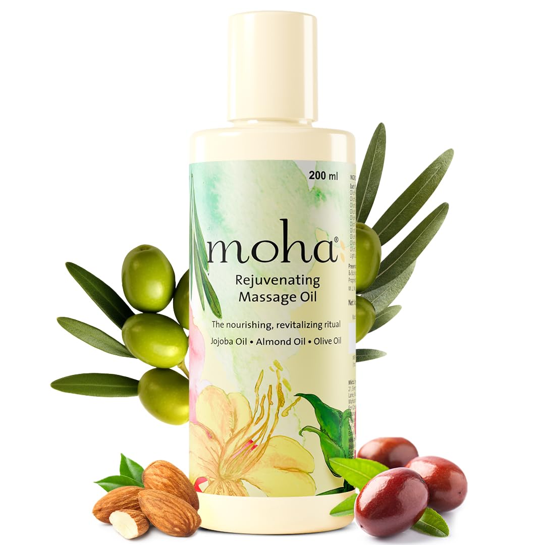 Rejuvenating Massage Oil – De-stresses and tones the skin with Jojoba Oil, Almond Oil and Olive Oil, 200ml