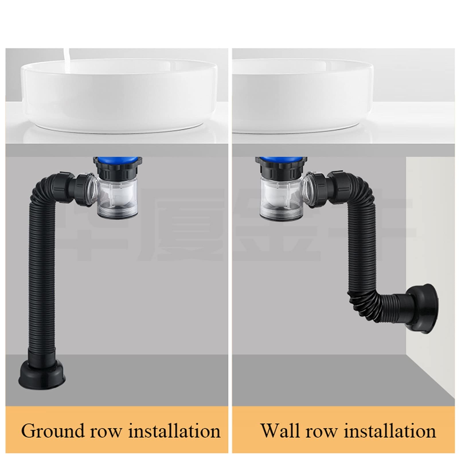 Trampa de Botella, Sellado Antiolor Antibloqueo Accesorios para fregaderos Drenaje de Pared/Suelo Universal Durable Lavabo Tubo de desagüe (Color : Negro, tamaño : B)