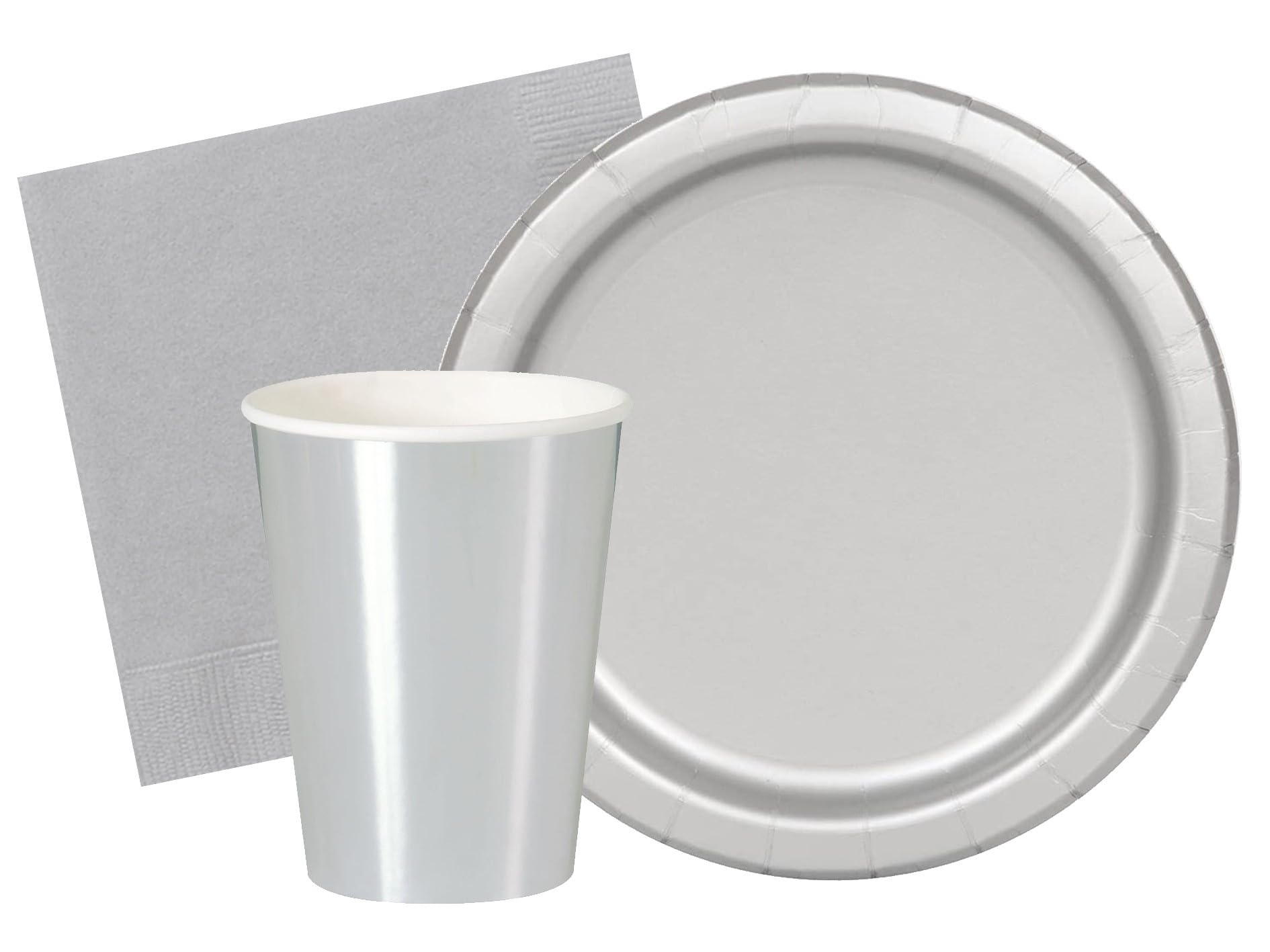 Kit festa di compleanno tinta unita color Argento per 50 persone eco-friendly (50 piatti ⌀ 23 cm, 50 bicchieri 200 ml, 50 tovaglioli 33x33 cm)