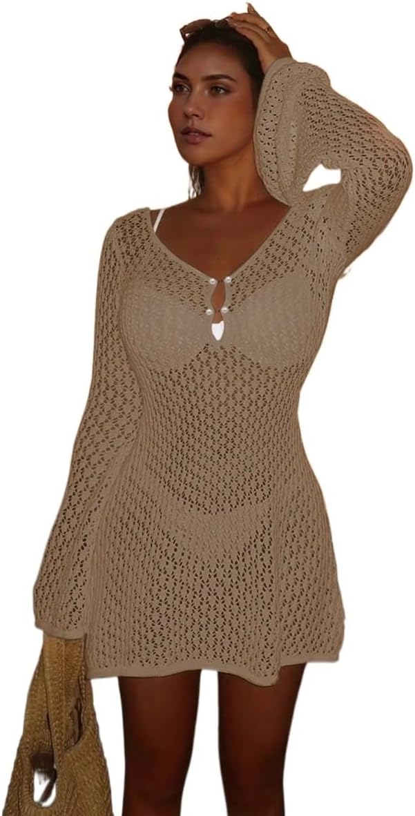 Women's Long Sleeve Hollow-Out Swimsuit Cover-Up, Elegant Beach, V-Neck Short Dress cover ups for swimwear