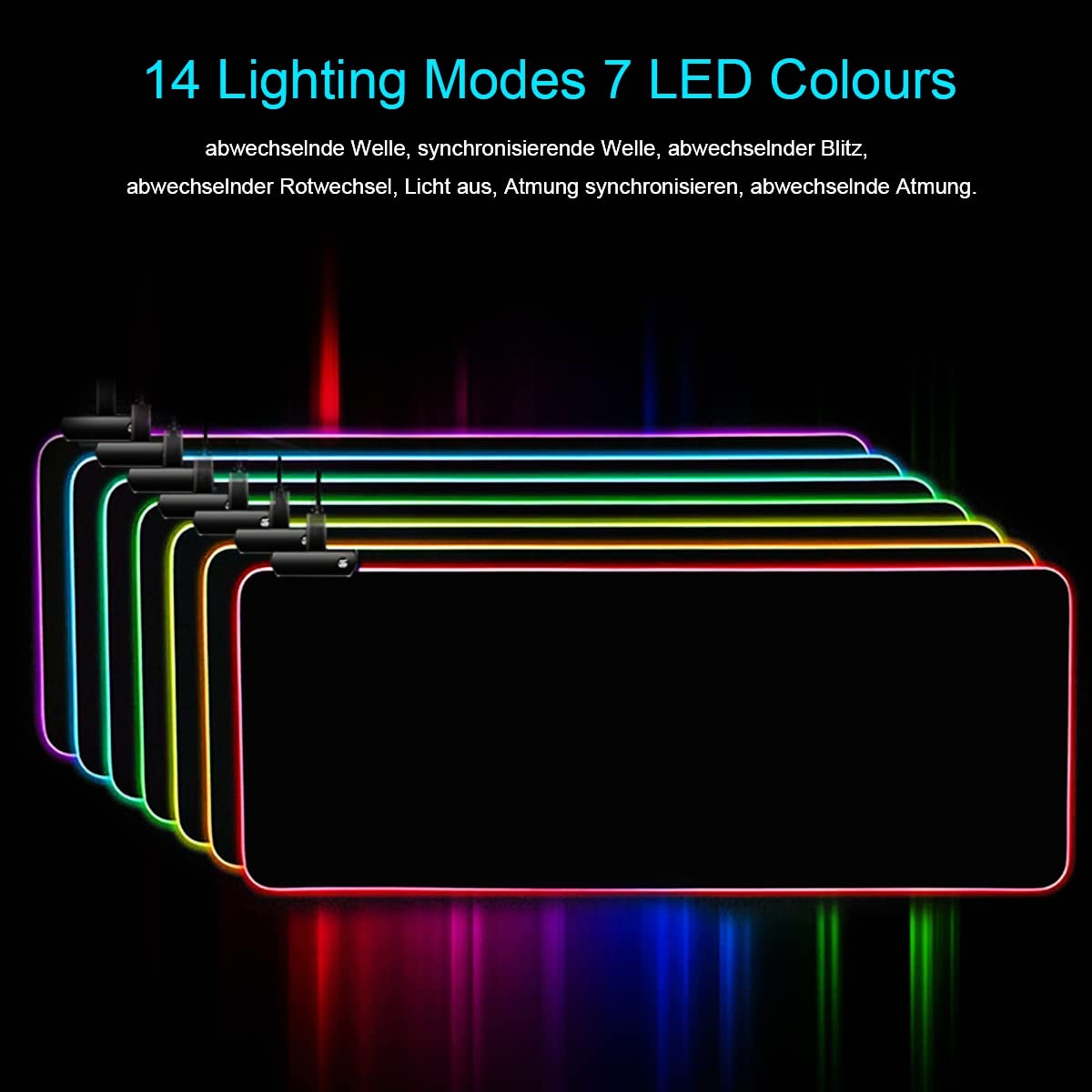 Owege Oyun fare altlığı XXL 800 x 300 mm RGB fare altlığı, büyük, 14 aydınlatma modu, 7 LED renk, dikişli kenarlar, su geçirmez, kaymaz, hassasiyeti artırır, komple siyah