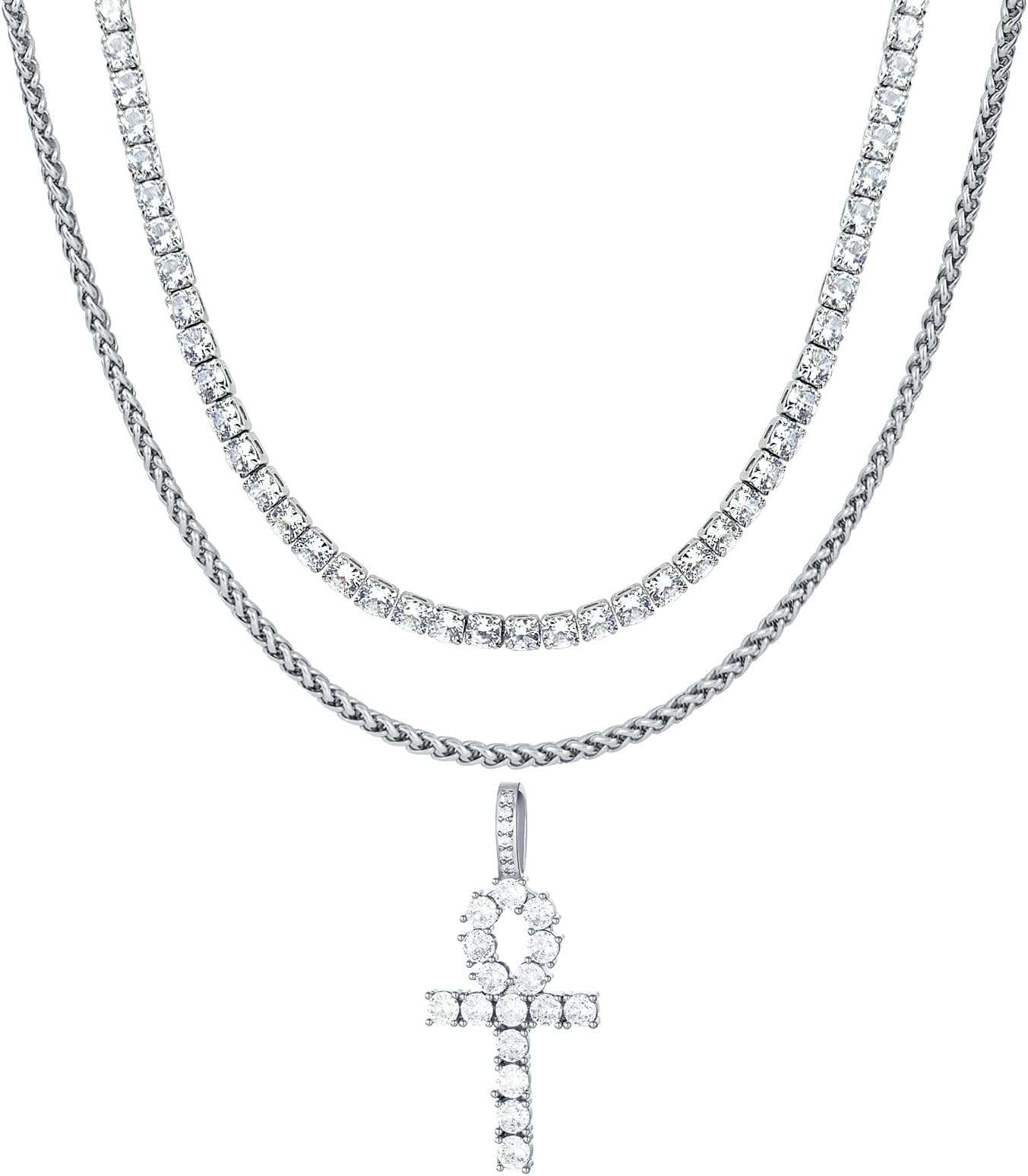 DOSMINECross Necklace for Men Stainless Steel Silver Gold 15 Inch Cross Pendant Necklace 18 Inch Diamond Tennis Chain Necklace for Men Simple Jewelry Gifts Layered Necklace for Boys Men