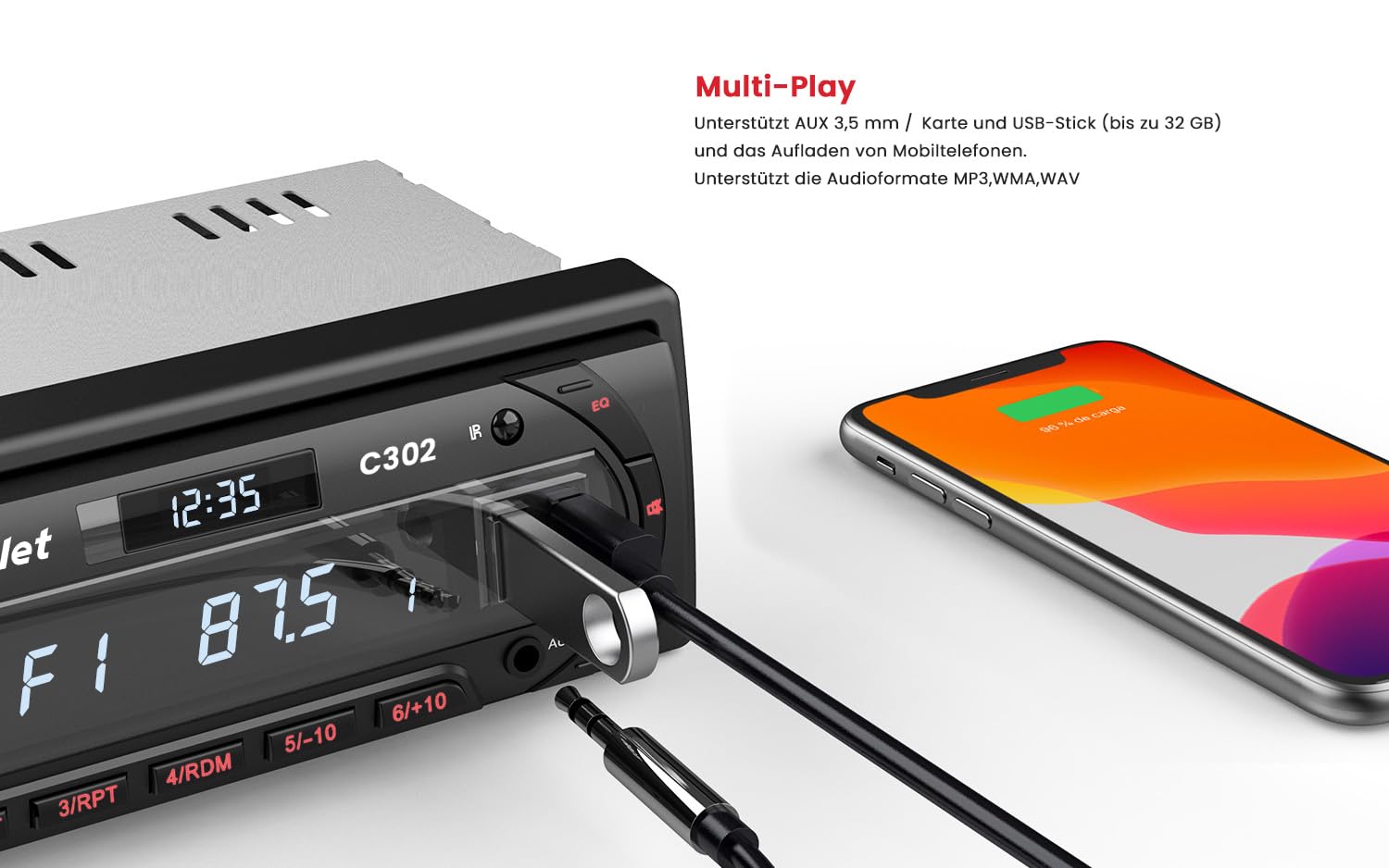 Autoradio Bluetooth 5.0 Vivavoce FM/AM, Avylet Radio Stereo 1 DIN, Supporta Basso Profondo/Luce a 7 colori/Chiamata a mani libere/AUX-IN/CARD/Chiavetta USB, Telecomando, 60W X 4, Ricarica rapida