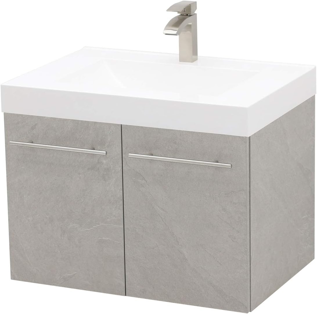 Wall Mount Floating Bathroom Vanity Sink Set. Light Slate Grey Vanity, White Integrated Sink Countertop - 29.25"