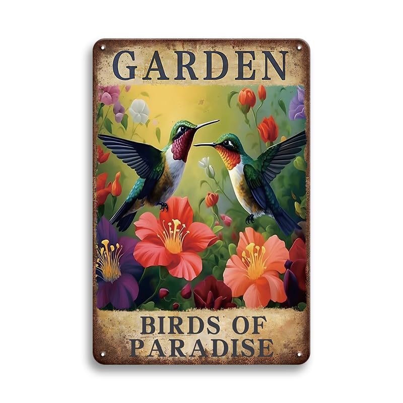 Garden Decor Yard Sign Hummingbird Gardening Metal Signs Patio Signs Fence Decor Vintage Wall Art Tin Signs-image-0