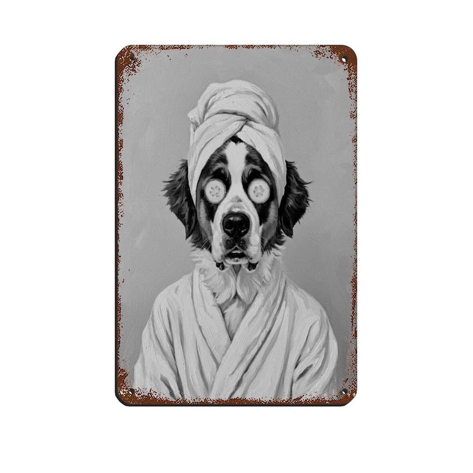 Dog in Bathrobe Headwrap And Cucumber Slices on Eyes Retro Poster Metal Tin Sign Chic Art Retro Iron Painting Bar People Cave Cafe Family Garage Poster Wall Decoration 8x12inch(20x30cm)
