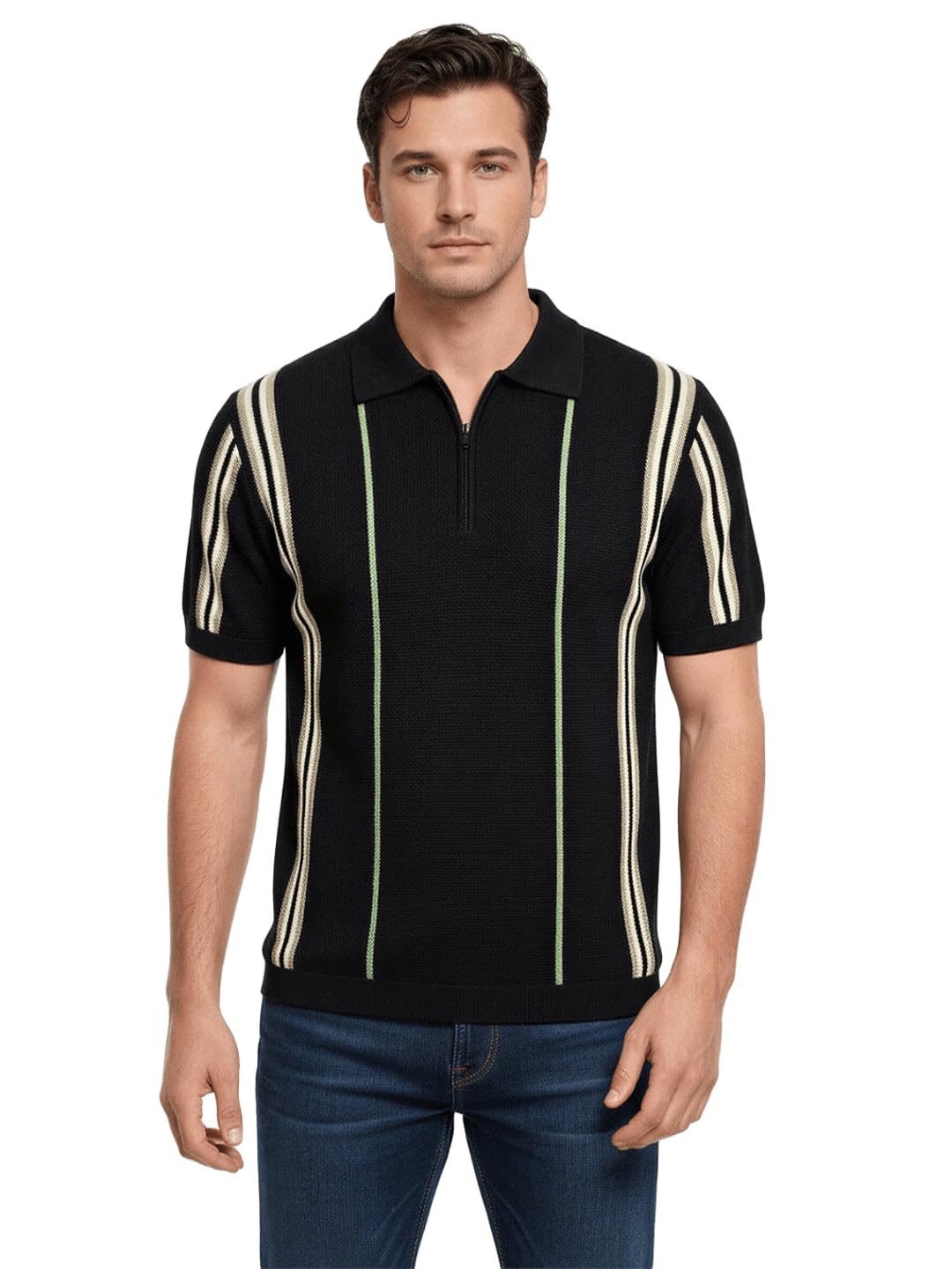 status quo Textured Zip Polo with Statement Stripes-picture-1