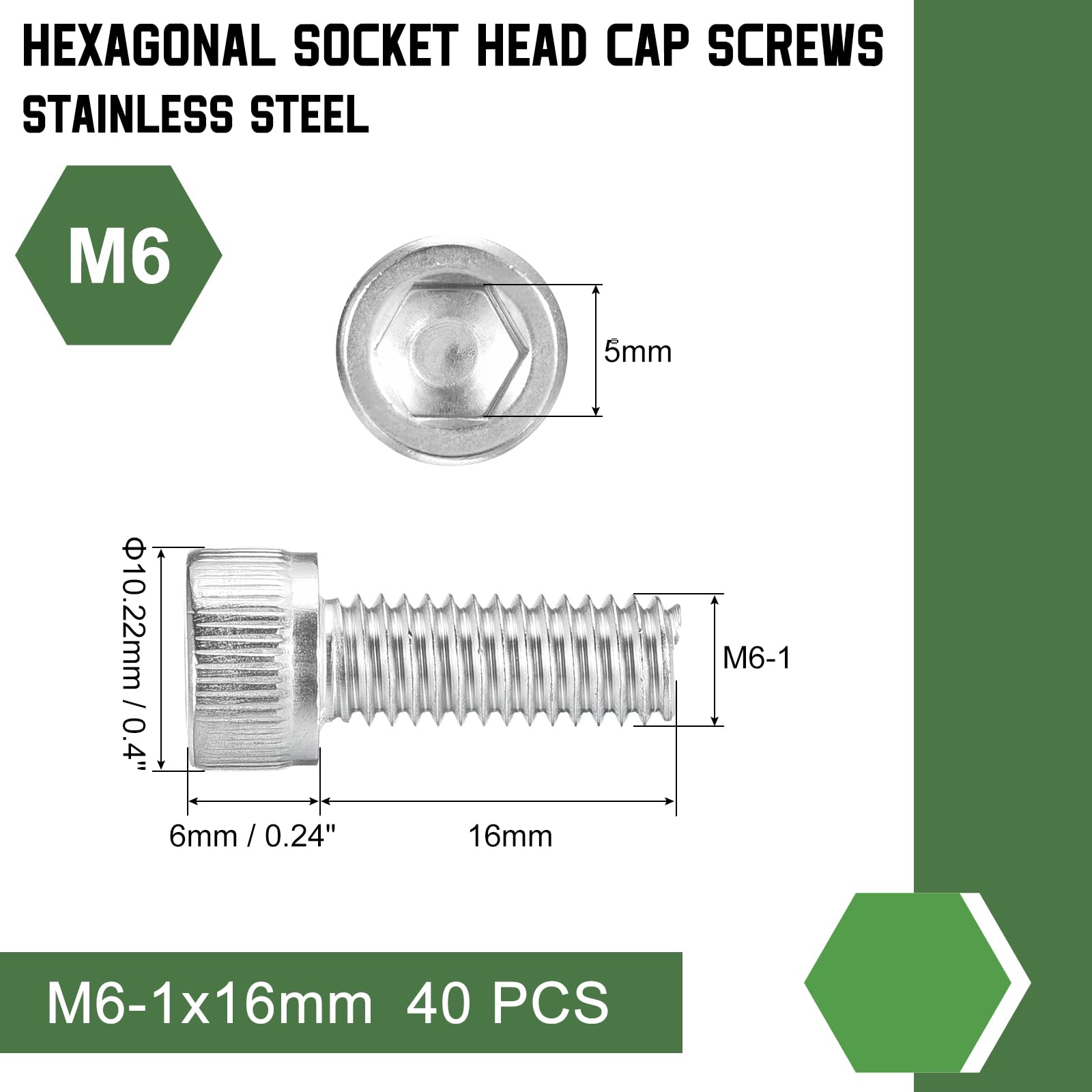 uxcell Hex Socket Bolts (M6-1x16), 304 Stainless Steel Hex Socket Drive Screw, Silver Tone, 40 Pcs, M6-1x16mm - Image 2