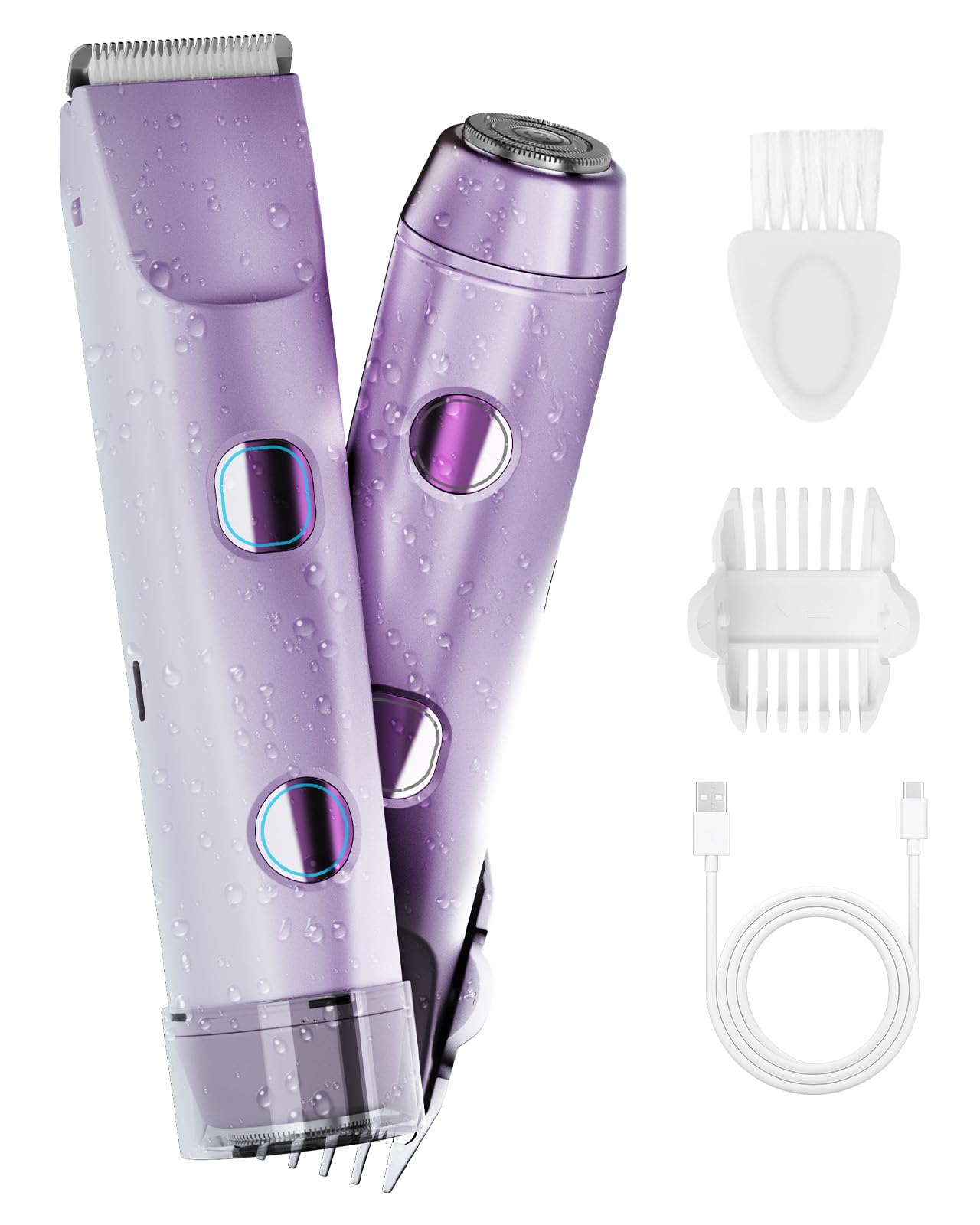 2-in-1 Bikini Trimmer für Frauen, IPX7 Wasserdichter Elektrischer Rasierer, Körperhaarschneider & Elektrischer Rasierer für Gesicht, Lippen, Schambereich, Beine, Lila