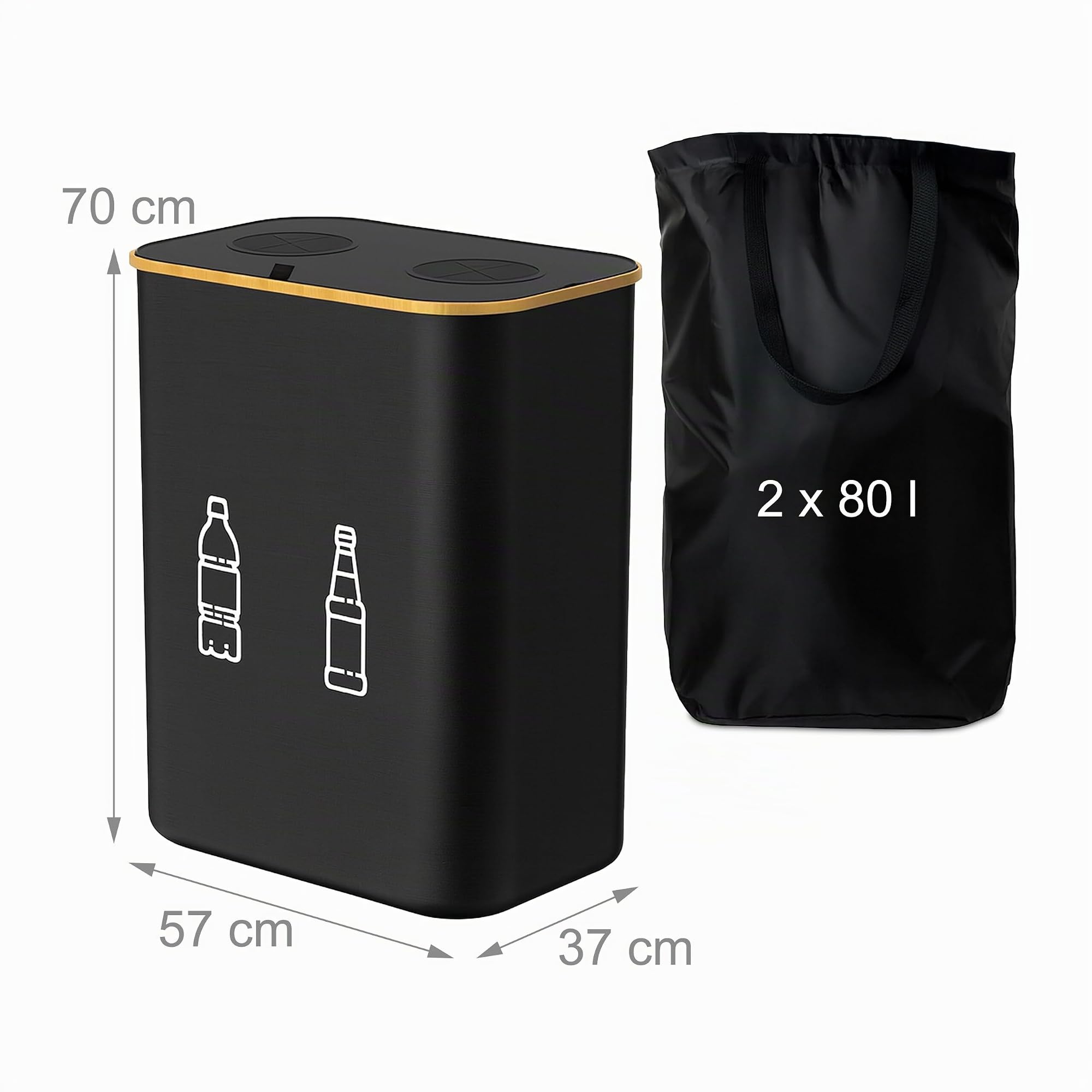 Relaxdays Conteneur à Bouteilles 160 l, 2 Sacs, H x L x P : 75 x 57 x 37 cm, pour Verre et Plastique, Noir