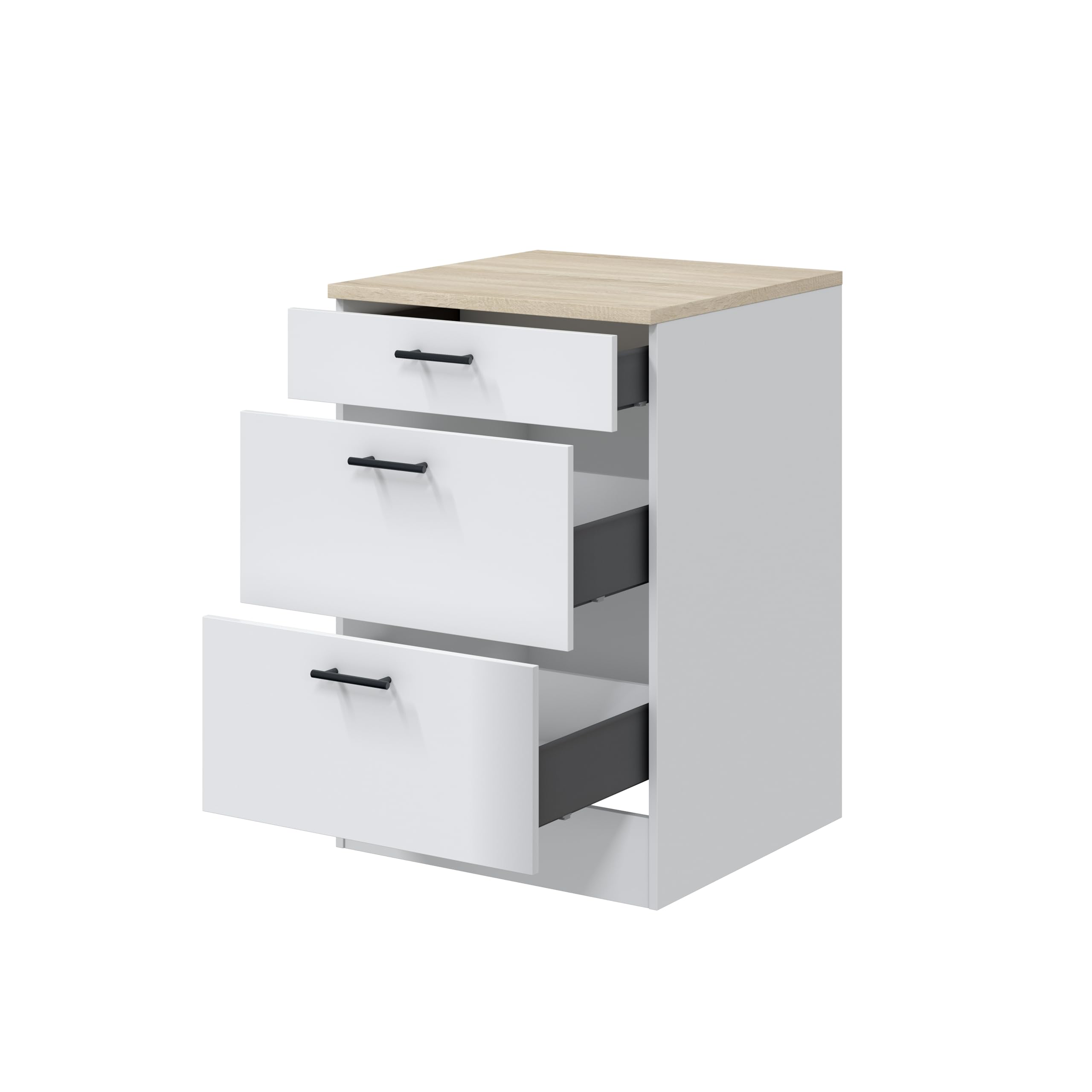 Mobelcenter, Mueble Bajo de Cocina con 3 Cajones de Estilo Moderno, Acabado Color Blanco Brillo y Roble Canadian, Medidas: Ancho: 60 cm x Fondo: 60 cm x Alto: 90 cm (1536)