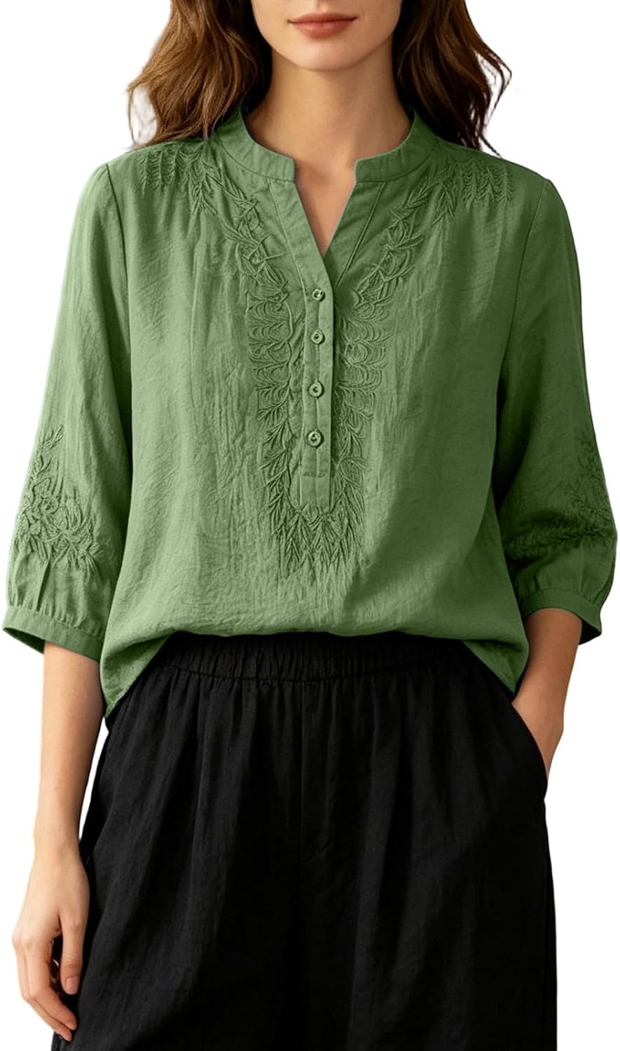 3/4 Length Sleeve Womens Tops Henley Button Embroidery Shirts V Neck Loose Fit Casual Blouses Fall Fashion Clothes