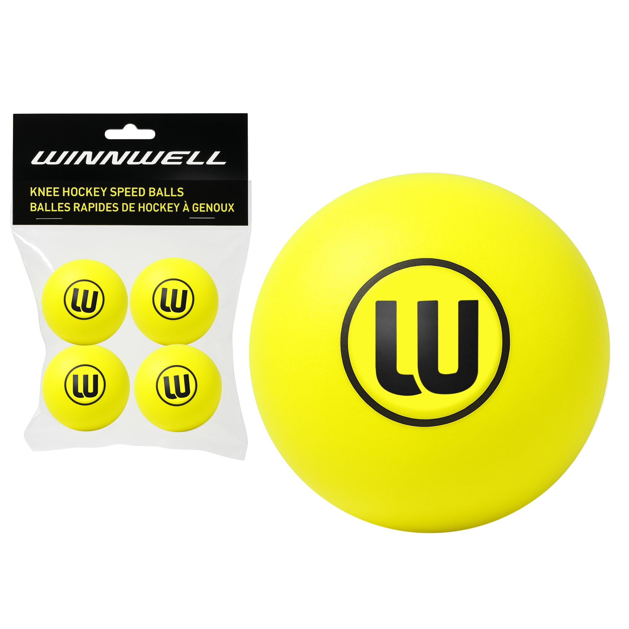Winnwell Knee Hockey Foam Balls - Indoor Mini Stick Hockey Balls for Kids - Soft Foam 4-Pack with Drawstring Bag - 2" Diameter Ball