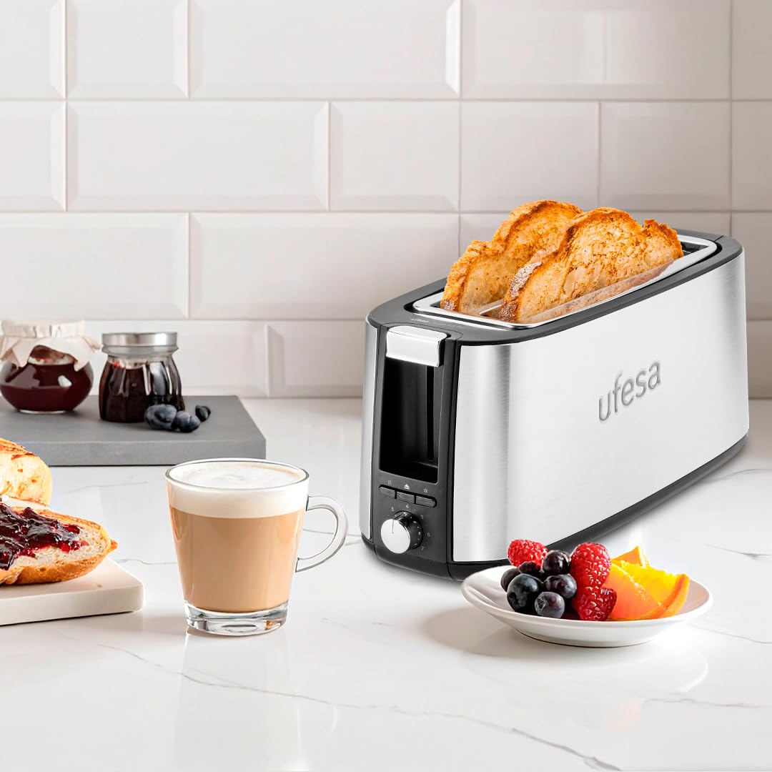 Ufesa Tostadora Toastie Duo Plus 1400W de Acero Inoxidable, 2 Ranuras Largas, 7 Niveles de Potencia, Funciones Recalentar/Descongelar/Cancelar y Bandeja Recogemigas Extraíble