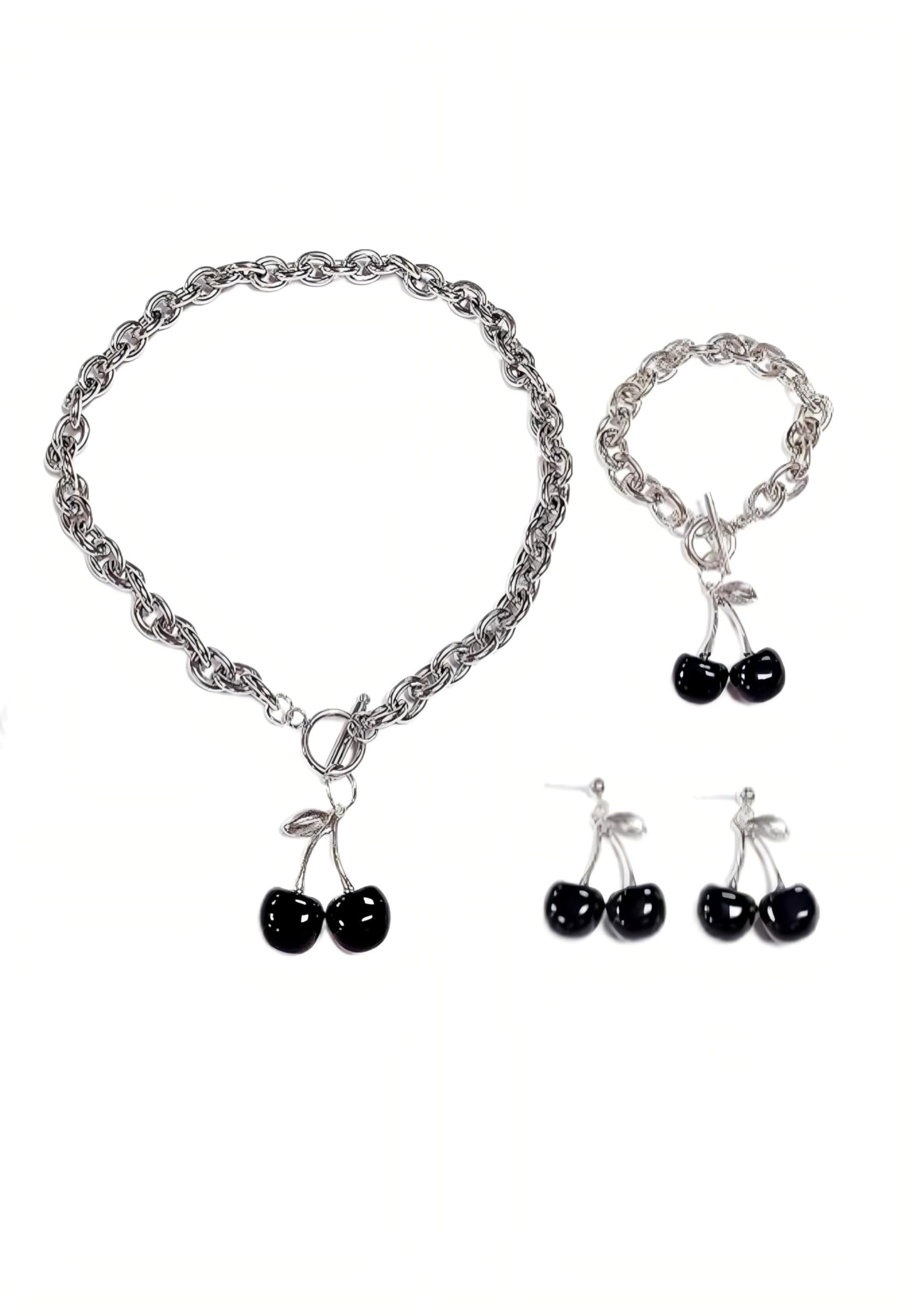 Chaîne en Argent avec pendentif cerise punk | Bijoux gothiques collier boucles d'oreilles